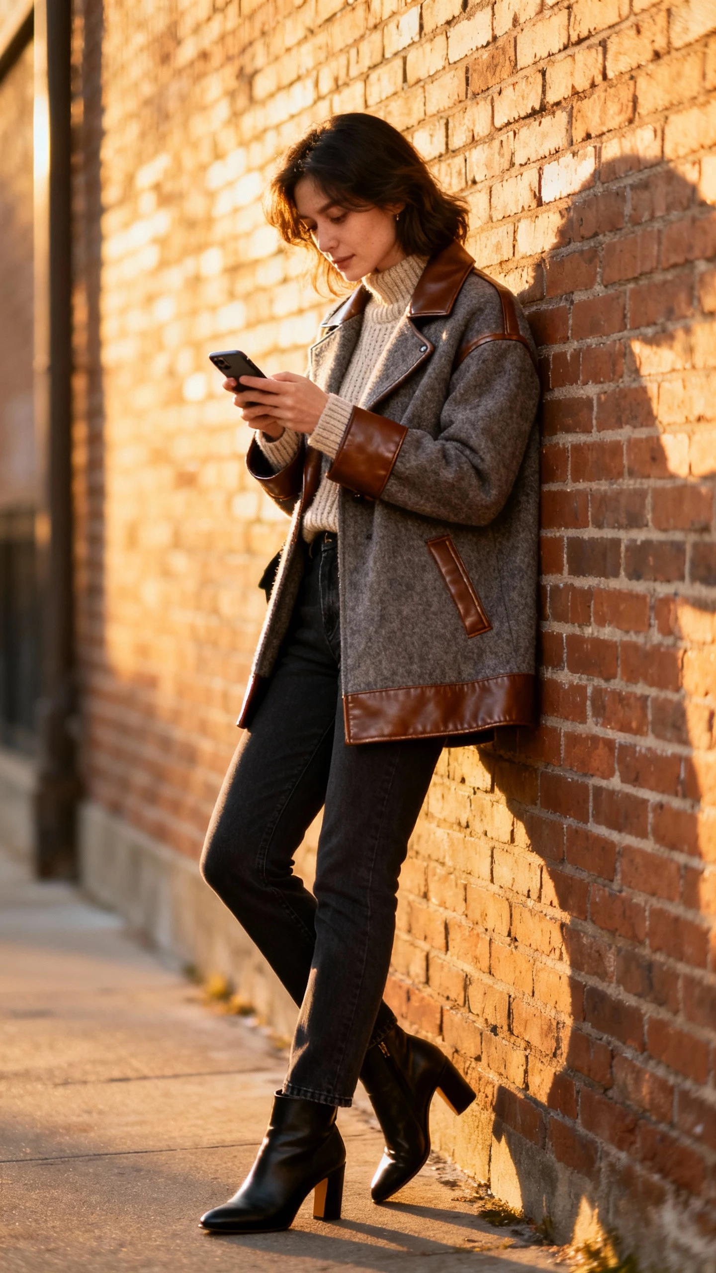 Candid photo of a woman in an edgy wool coat with leather trim, soft knit sweater, tailored dark jeans, and heeled ankle boots, leaning on a brick wall texting, face slightly blurred, golden-hour light, casual iPhone aesthetic.