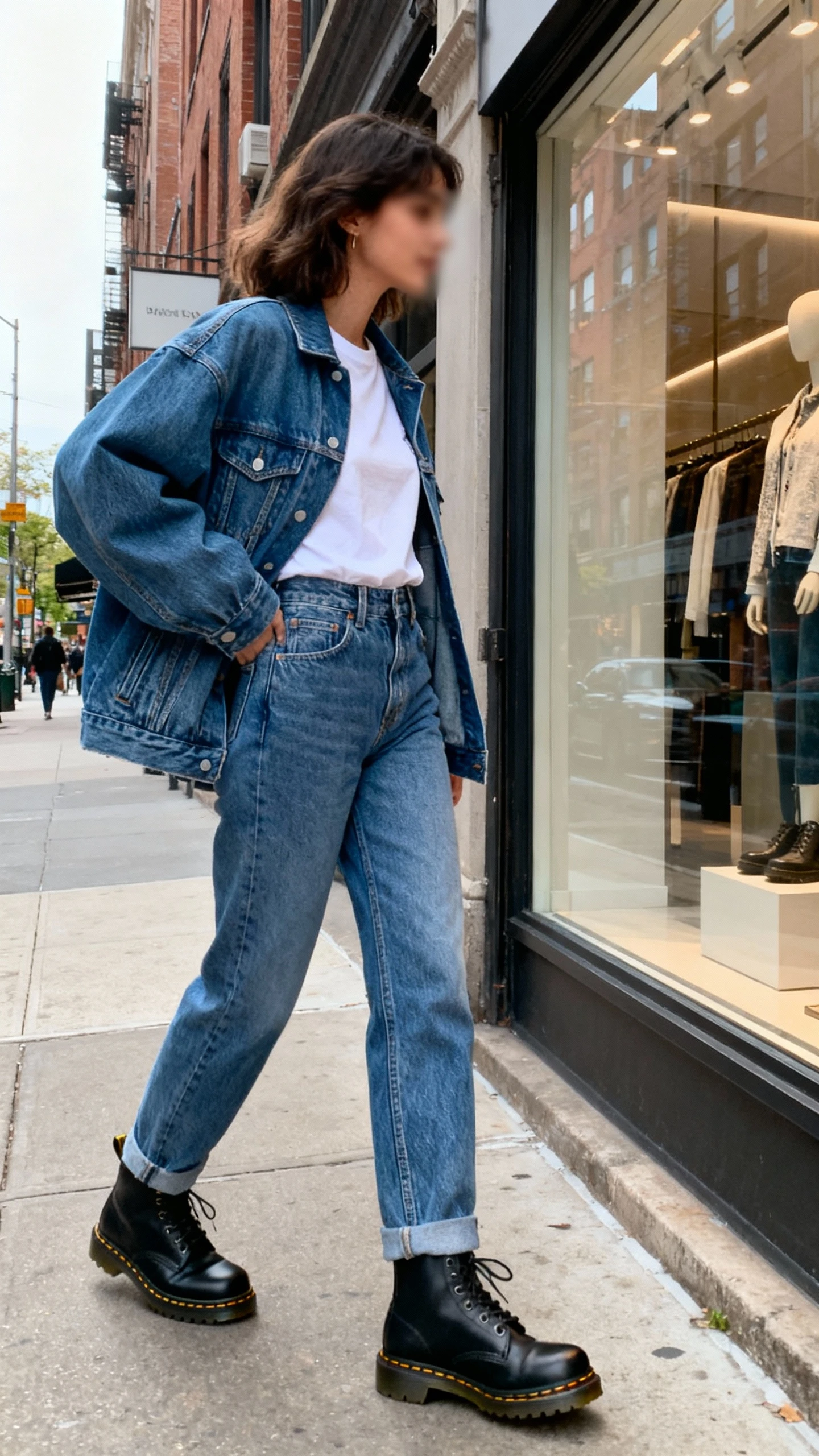Candid photo of a woman in denim-on-denim (oversized jean jacket and high-rise jeans) with a white tee and classic Dr. Martens, window shopping on a city block, face slightly blurred, natural daylight, casual iPhone aesthetic.