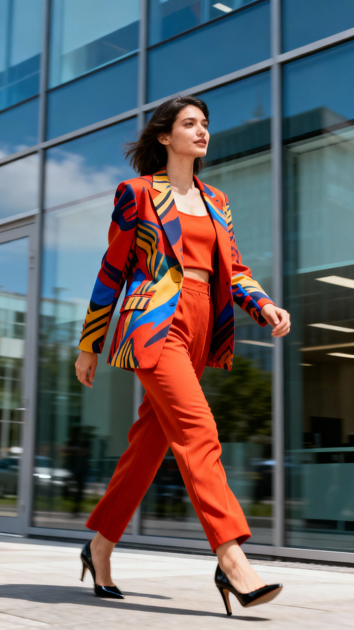 Candid photo of a woman wearing a bold statement blazer over a monochrome base (matching top and trousers) with sleek heels, walking past an office building’s glass facade, face slightly blurred, bright daylight, casual iPhone aesthetic.
