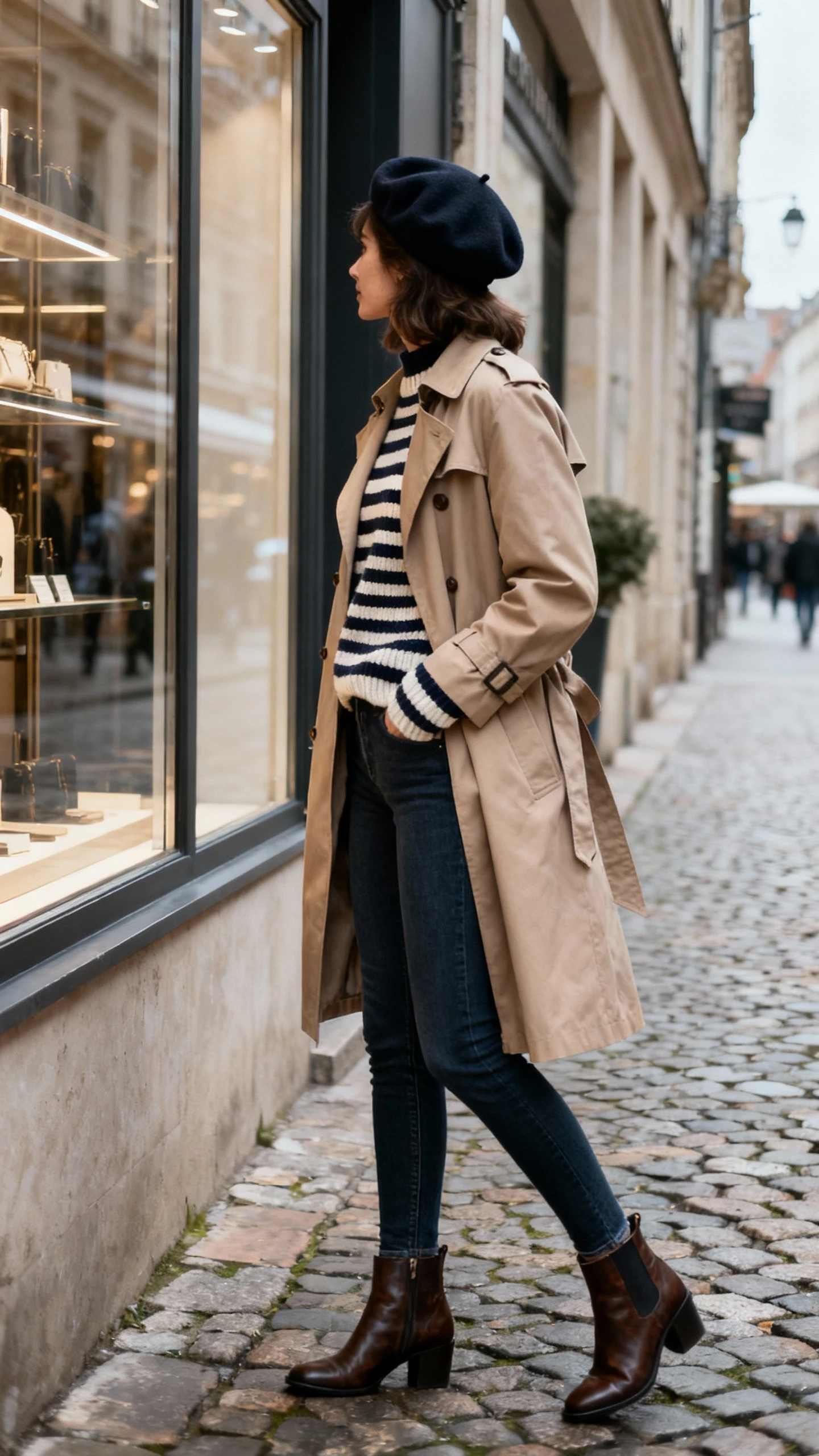Candid photo of a woman wearing a classic trench coat, striped knit, slim jeans, ankle boots, and a beret, window-shopping along a cobblestone street, face turned away, overcast natural light, casual iPhone aesthetic.