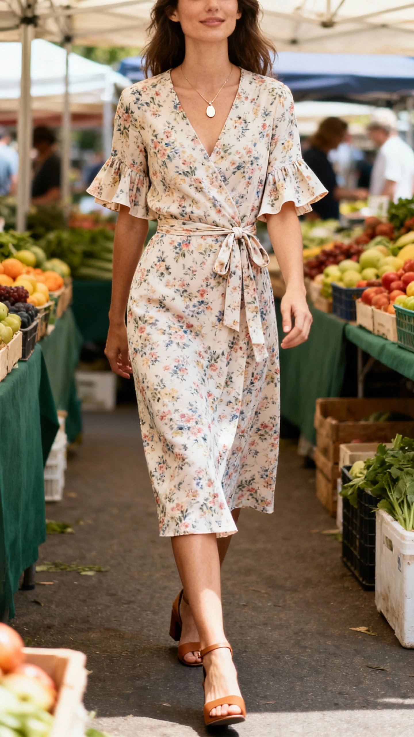 Candid photo of a woman wearing a knee-length floral wrap dress with a tie waist and flutter sleeves, delicate pendant necklace and low block-heel sandals, strolling through a farmers market, face slightly blurred, soft morning light, casual iPhone aesthetic.