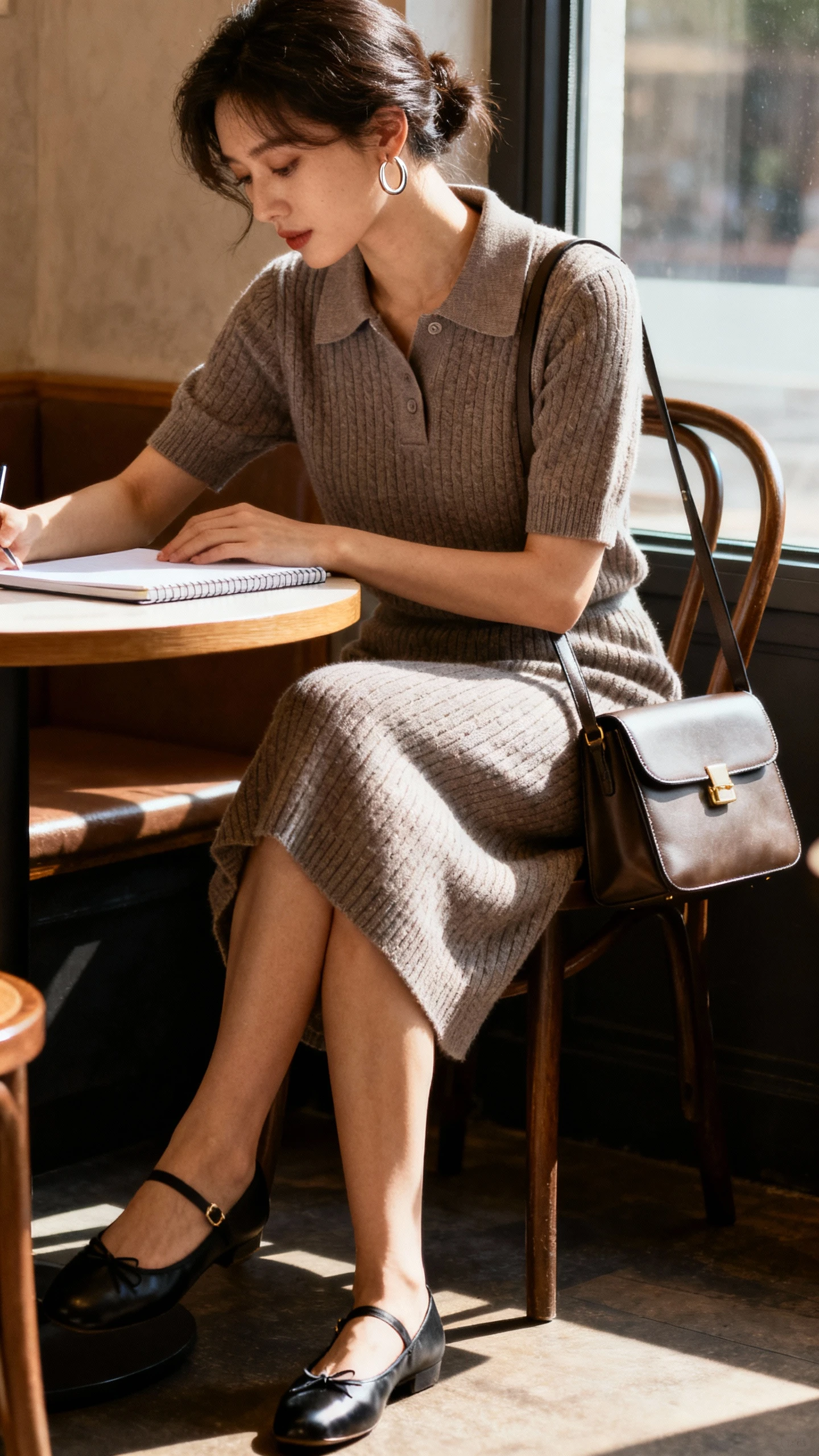 Candid photo of a woman wearing a knee-length knit polo dress with a collar and short sleeves, minimal hoop earrings, sleek ballet flats, and a structured satchel, sitting at a cafe with a notebook, face looking down and partly obscured, window light, iPhone photo quality.