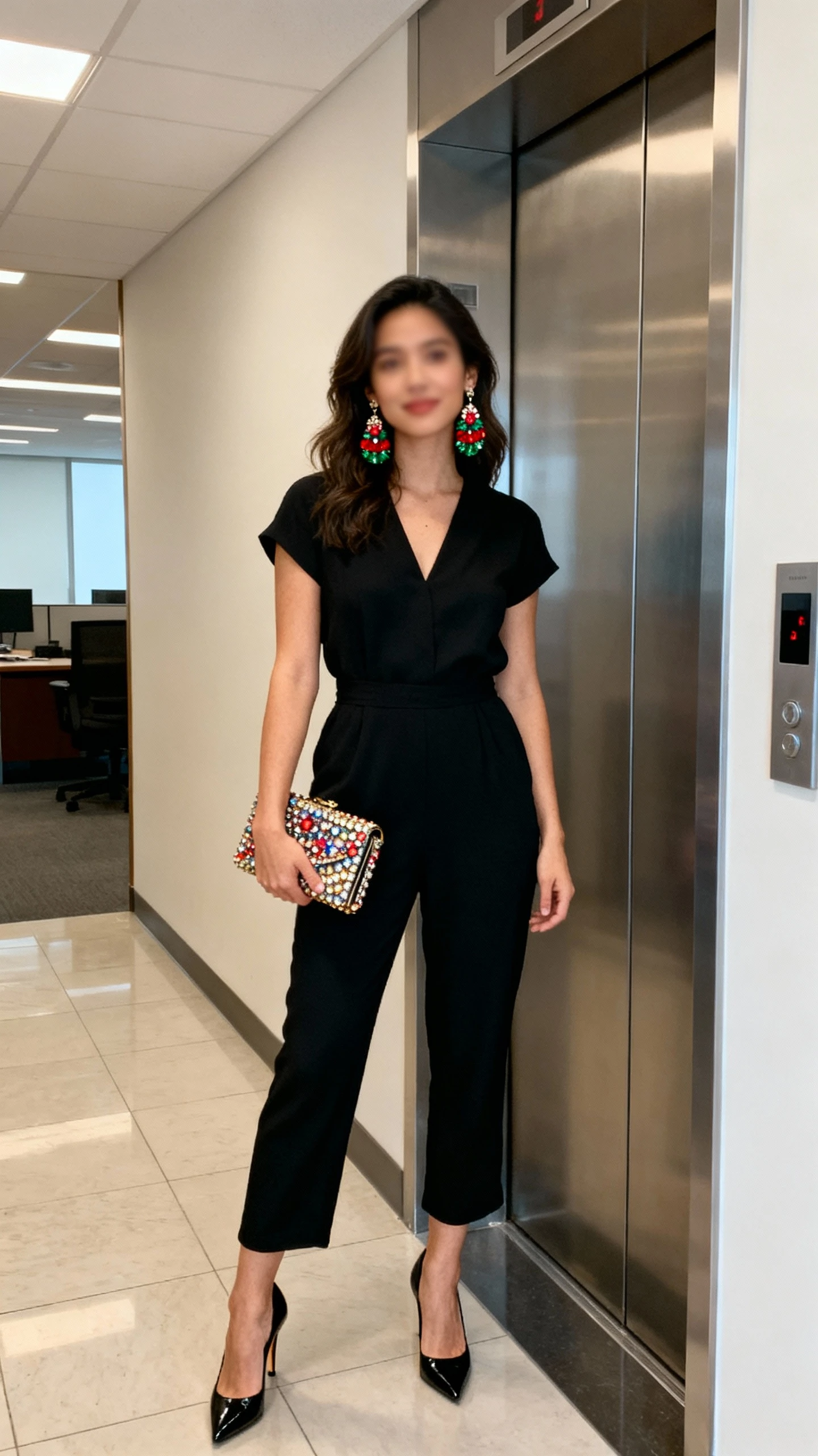 Candid photo of a woman wearing a little black jumpsuit with festive earrings, a jeweled clutch, and sleek heels, standing by an office elevator, face slightly blurred, ambient corridor lighting, iPhone photo quality, unstaged.