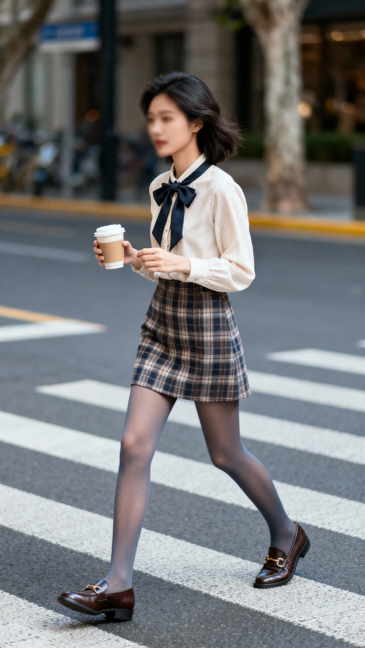 Candid photo of a woman wearing a plaid mini skirt, opaque tights, and a bow-tie blouse with loafers, crossing a crosswalk with a takeaway coffee, face slightly blurred, cool daylight, casual iPhone aesthetic.