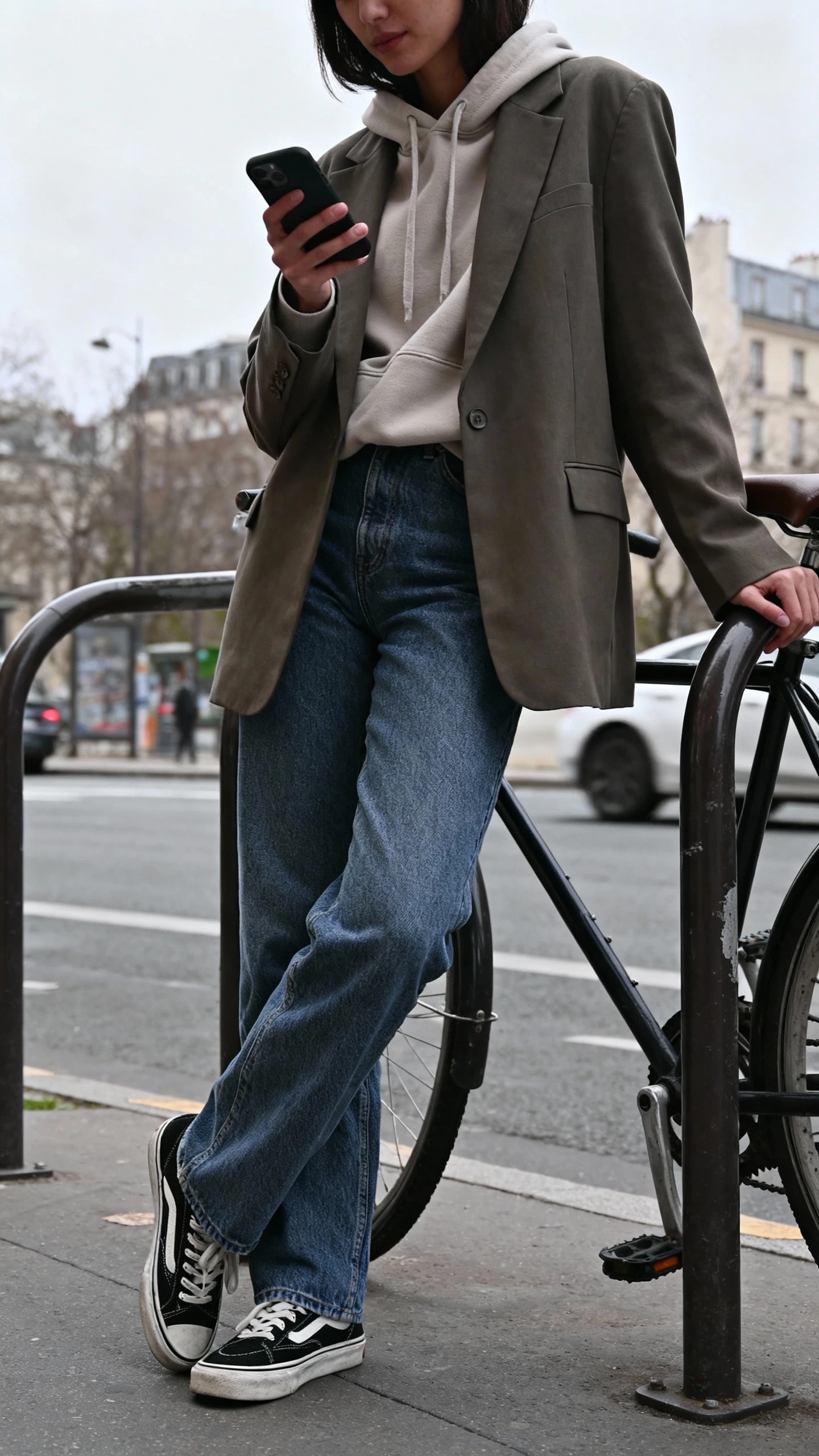 Candid photo of a woman wearing a relaxed blazer over a hoodie with straight jeans and retro sneakers, leaning on a bike rack while checking her phone, face slightly blurred, overcast city light, iPhone photo quality, unstaged.