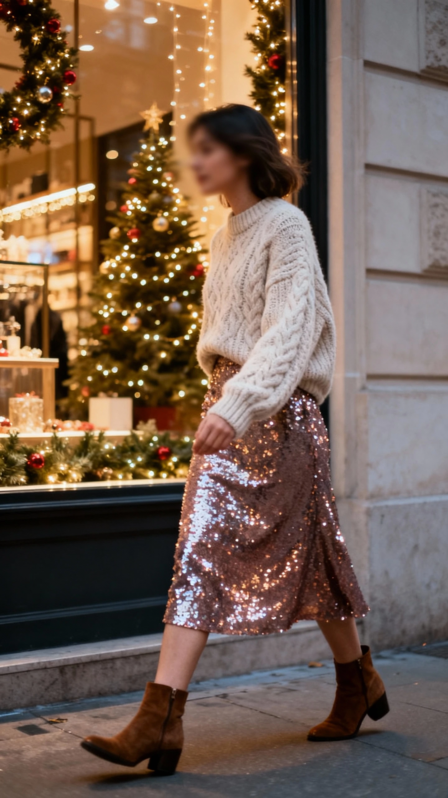 Candid photo of a woman wearing a sequin midi skirt with a soft chunky knit sweater and ankle boots, walking past holiday-lit shop windows, face slightly blurred, gentle sparkle in natural evening light, casual iPhone aesthetic.