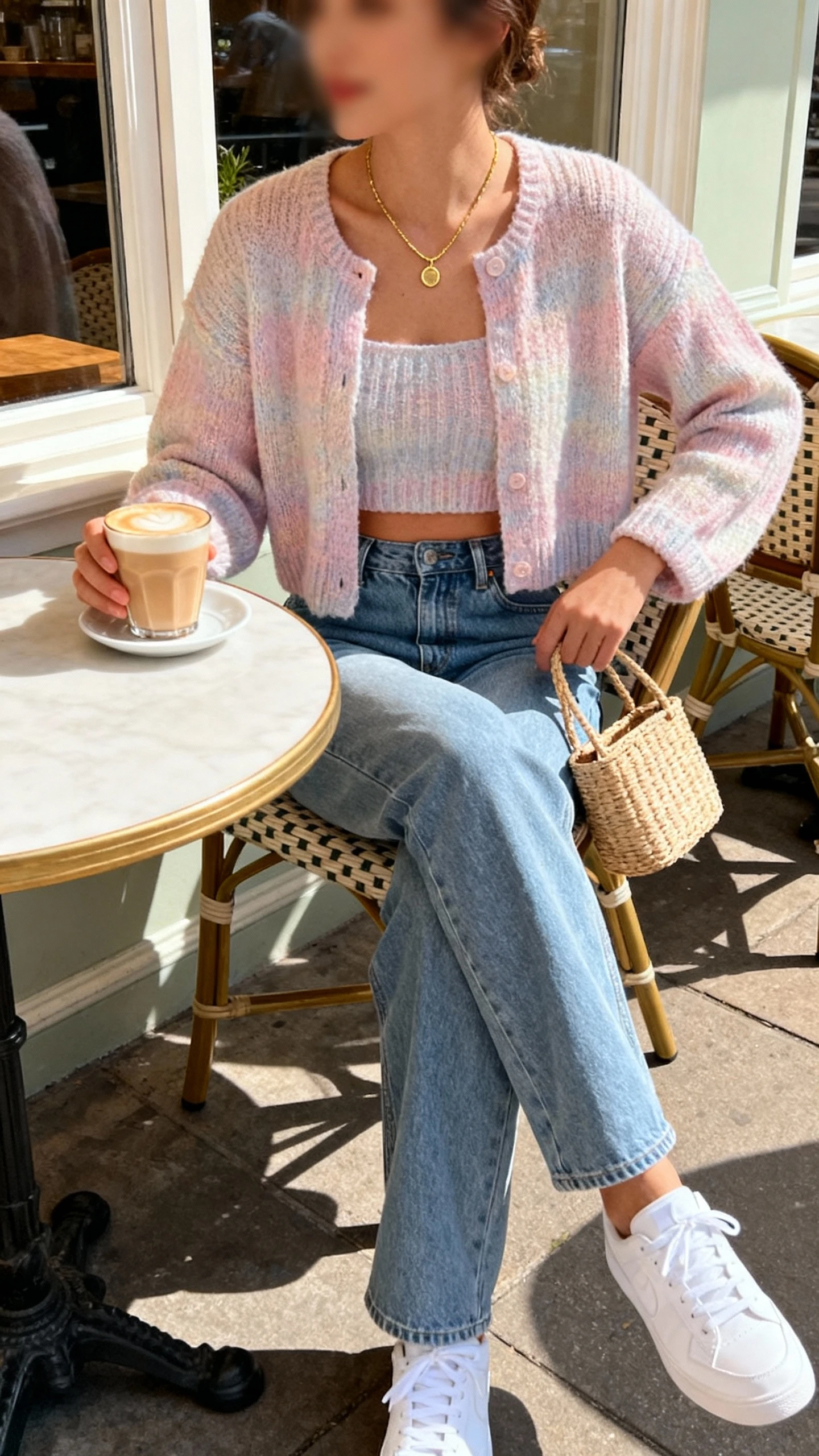 Candid photo of a woman wearing a soft pastel knit crop cardigan, high-waisted straight-leg jeans, delicate gold necklace, white sneakers, and a small woven tote, sitting at a sunny cafe patio with a latte, face slightly blurred, cozy window light, casual iPhone aesthetic.