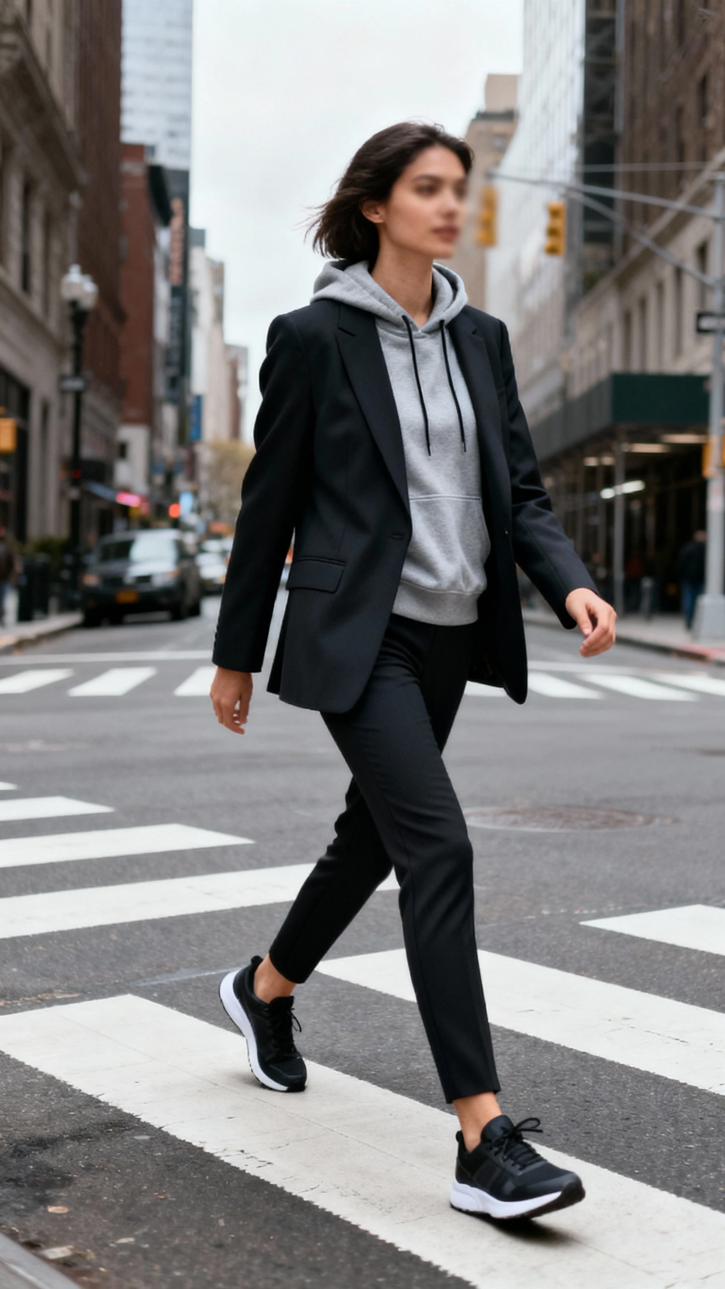 Candid photo of a woman wearing a sporty hoodie under a tailored blazer with slim trousers and sleek trainers, crossing a crosswalk downtown, face slightly blurred, overcast daylight, casual iPhone aesthetic.