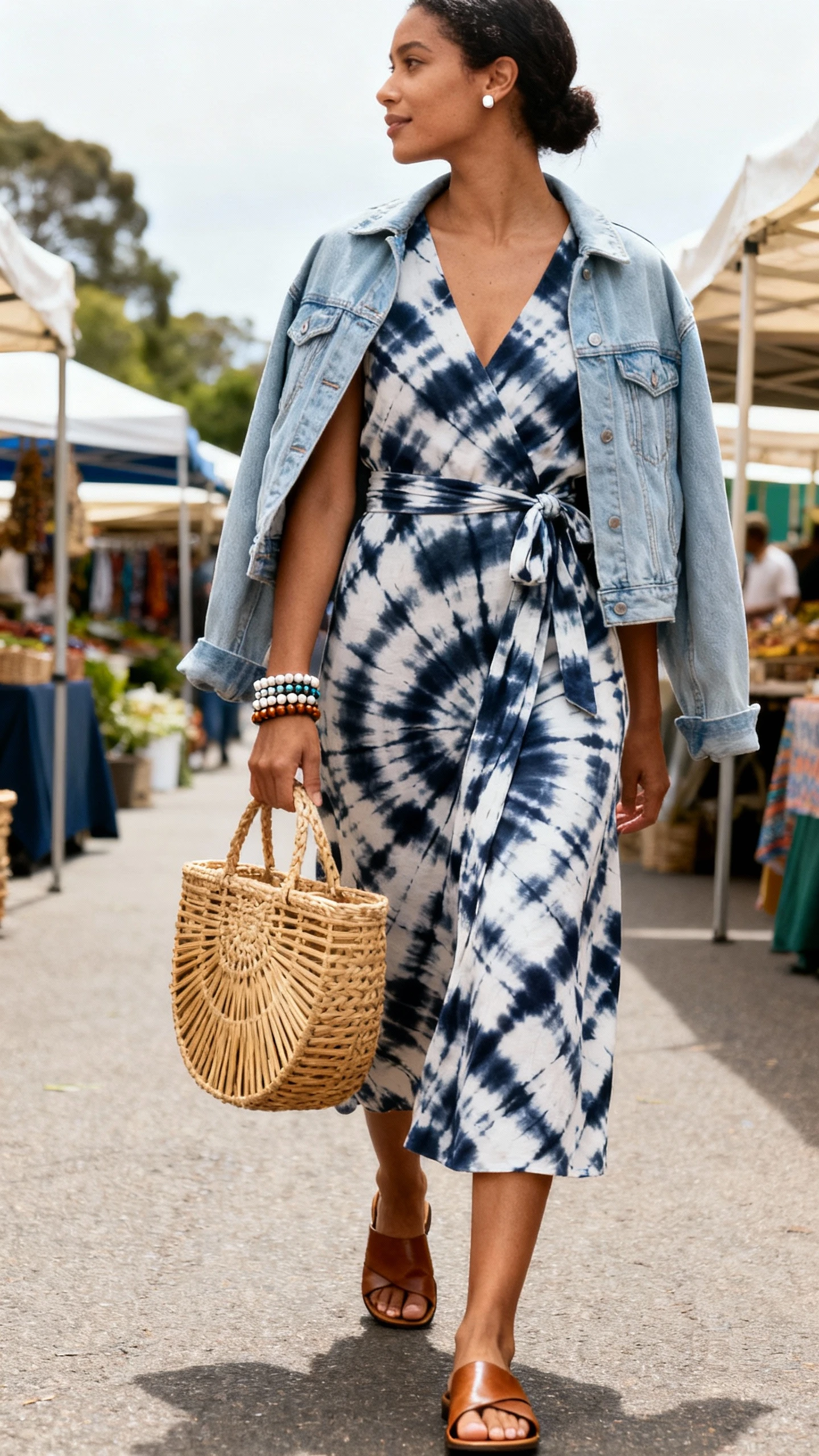 Candid photo of a woman wearing a V-neck Adire wrap dress (midi), leather slide sandals, a textured raffia/cane bag, stacked beaded bracelets with simple stud earrings, soft denim jacket draped over shoulders, strolling through a weekend market, face looking away, natural daylight, iPhone photo quality.