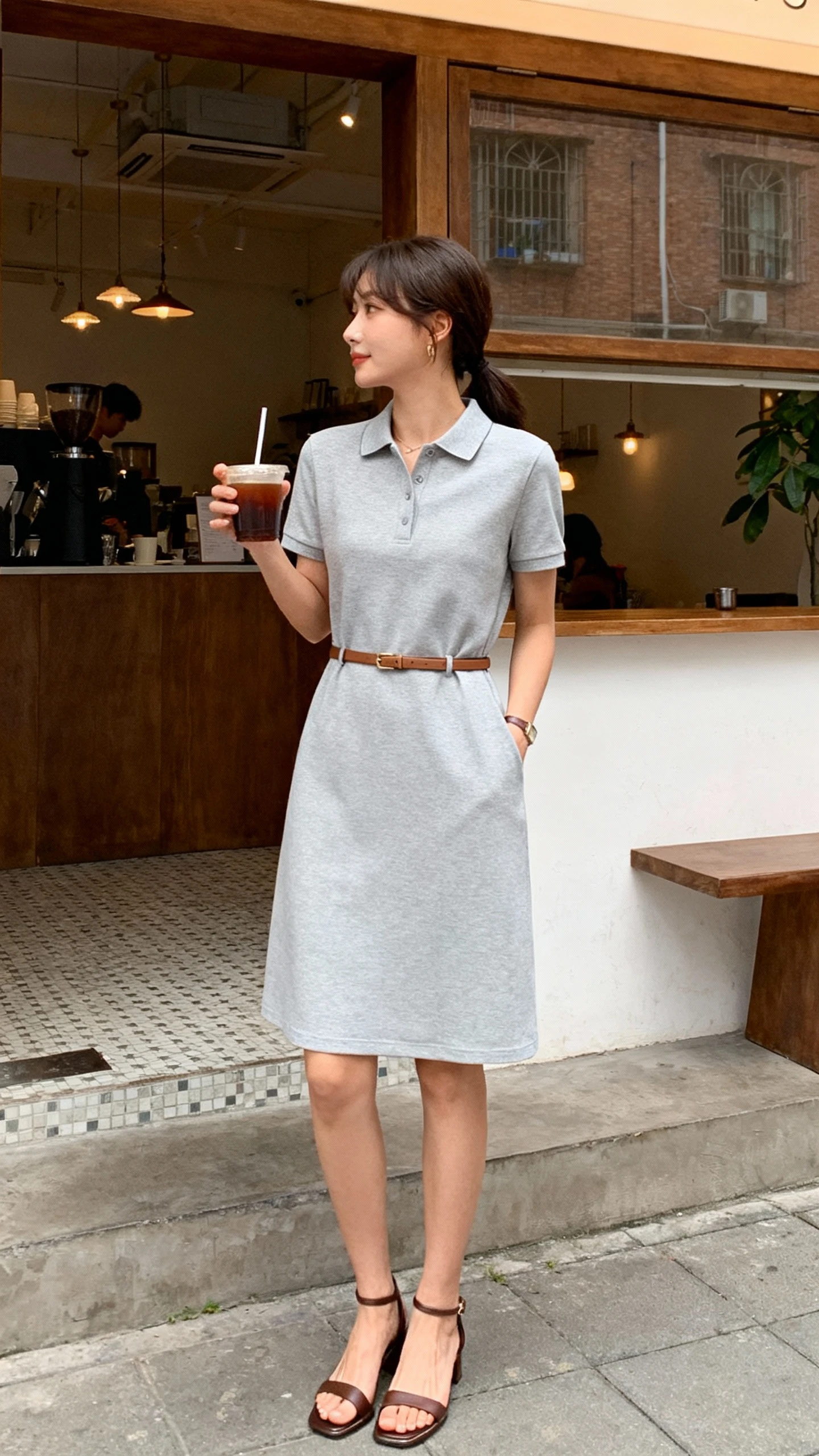 Candid shot of a woman in a polished polo dress with a slim belt and low-heel sandals, standing outside a neighborhood cafe holding an iced coffee, face looking away, gentle morning light, iPhone photo quality, unstaged.