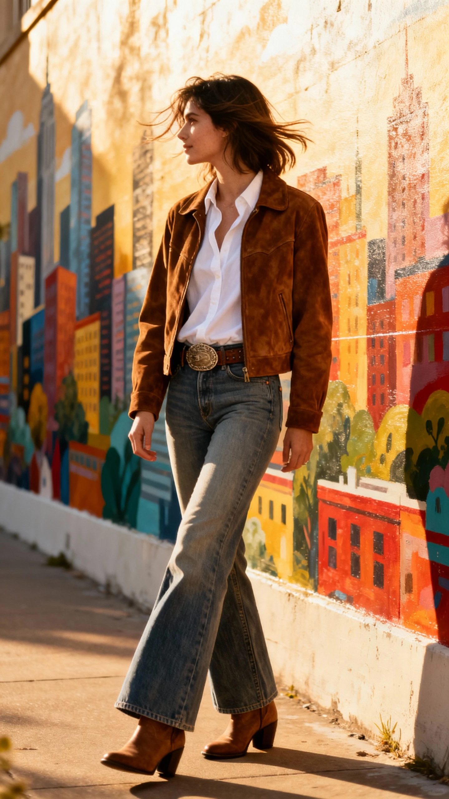 Candid street photo of a woman wearing a suede jacket, crisp white shirt, medium-wash flares, and Western-inspired belt with low-heel ankle boots, standing near a city mural, face looking away, afternoon sun, iPhone photo quality, subtly rugged but modern.