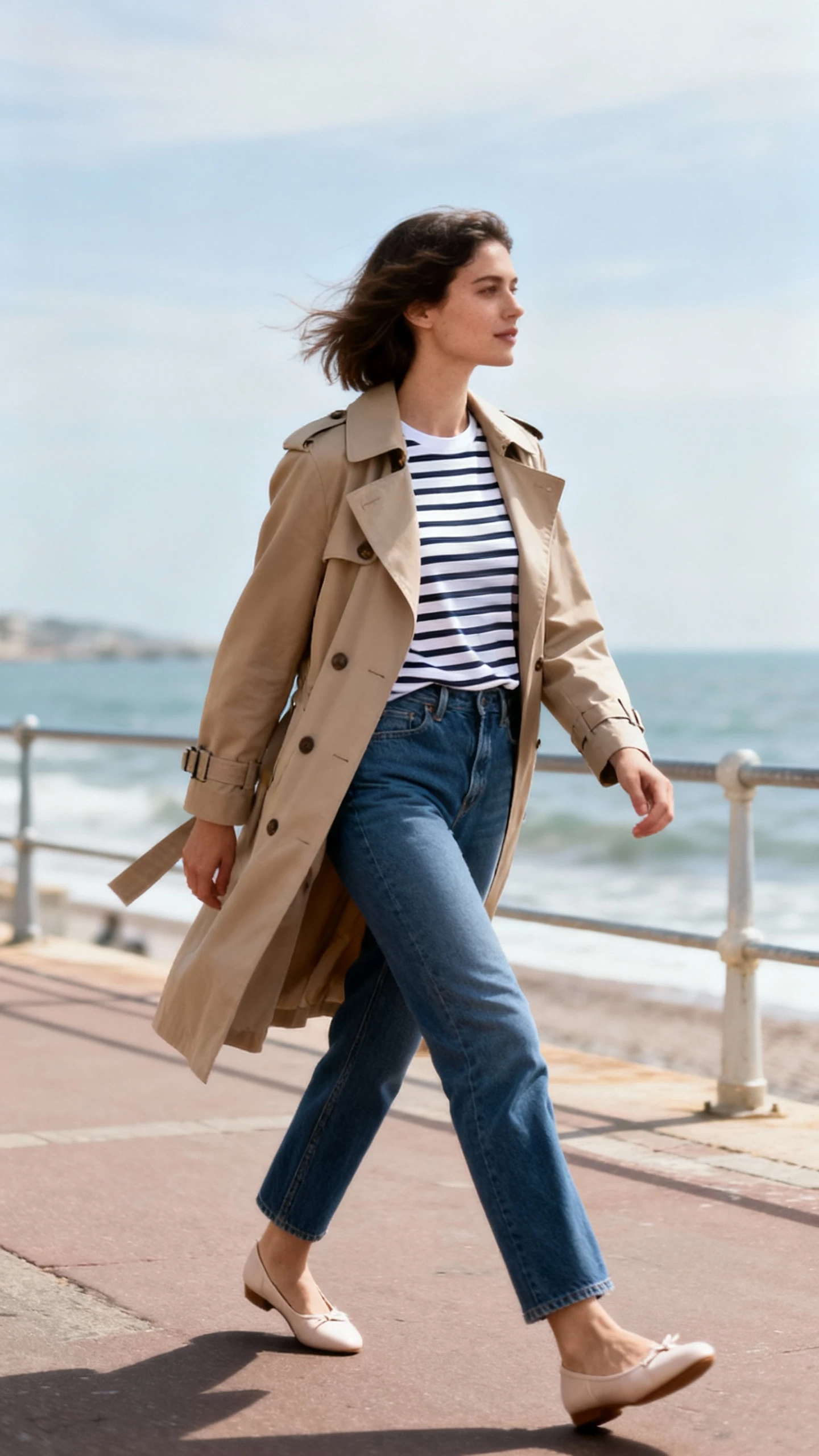Candid street shot of a woman wearing a stripe-heavy Breton tee layered under a classic trench coat with straight-leg jeans and ballet flats, crossing a breezy seaside promenade, face looking away, coastal daylight, iPhone photo quality.