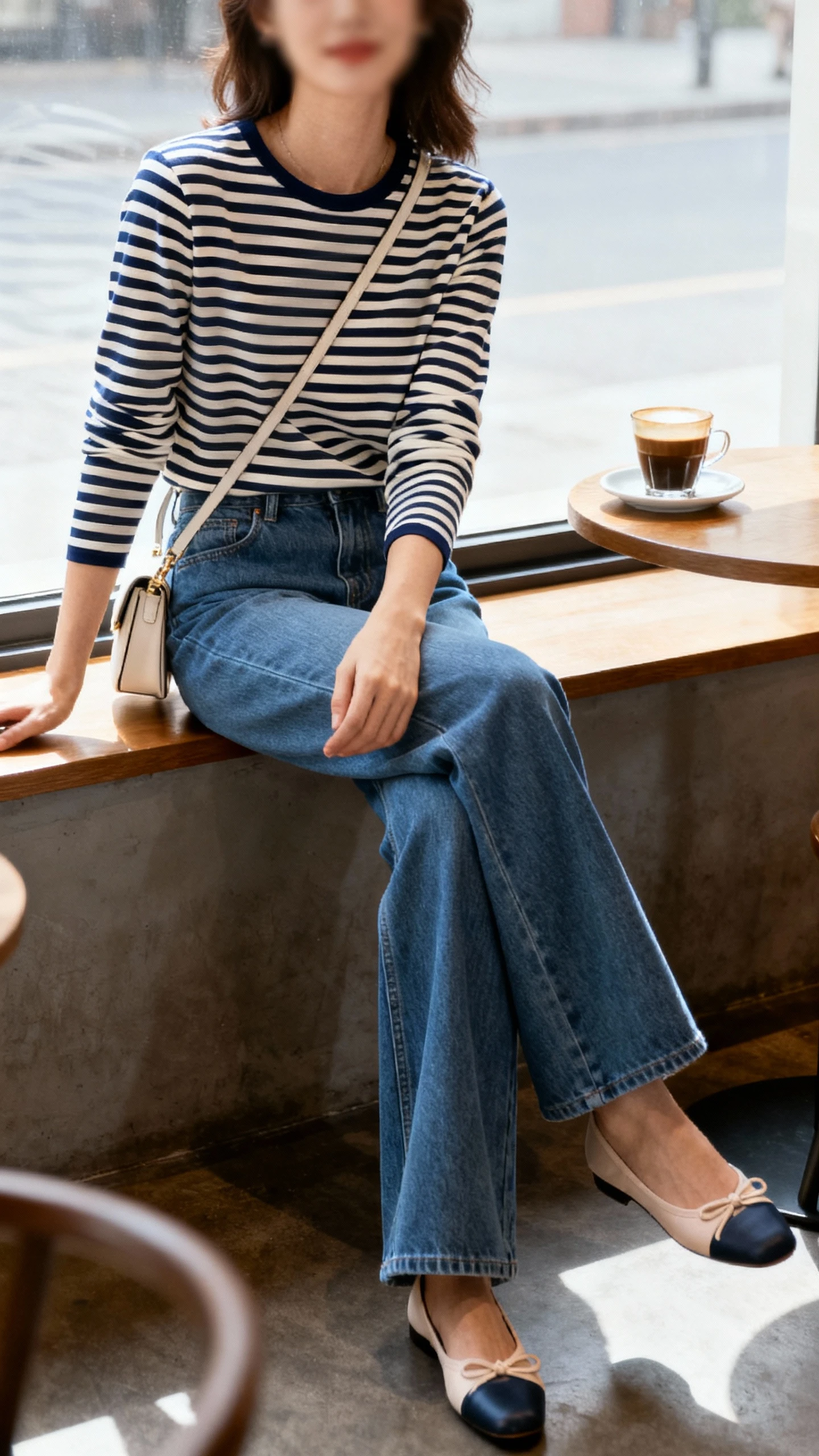 Casual cafe photo of a woman wearing classic blue bootcut jeans, a navy-and-cream Breton striped long-sleeve tee, ballet flats, and a small shoulder bag, sitting by a window with espresso, face slightly blurred, soft window light, iPhone photo quality.