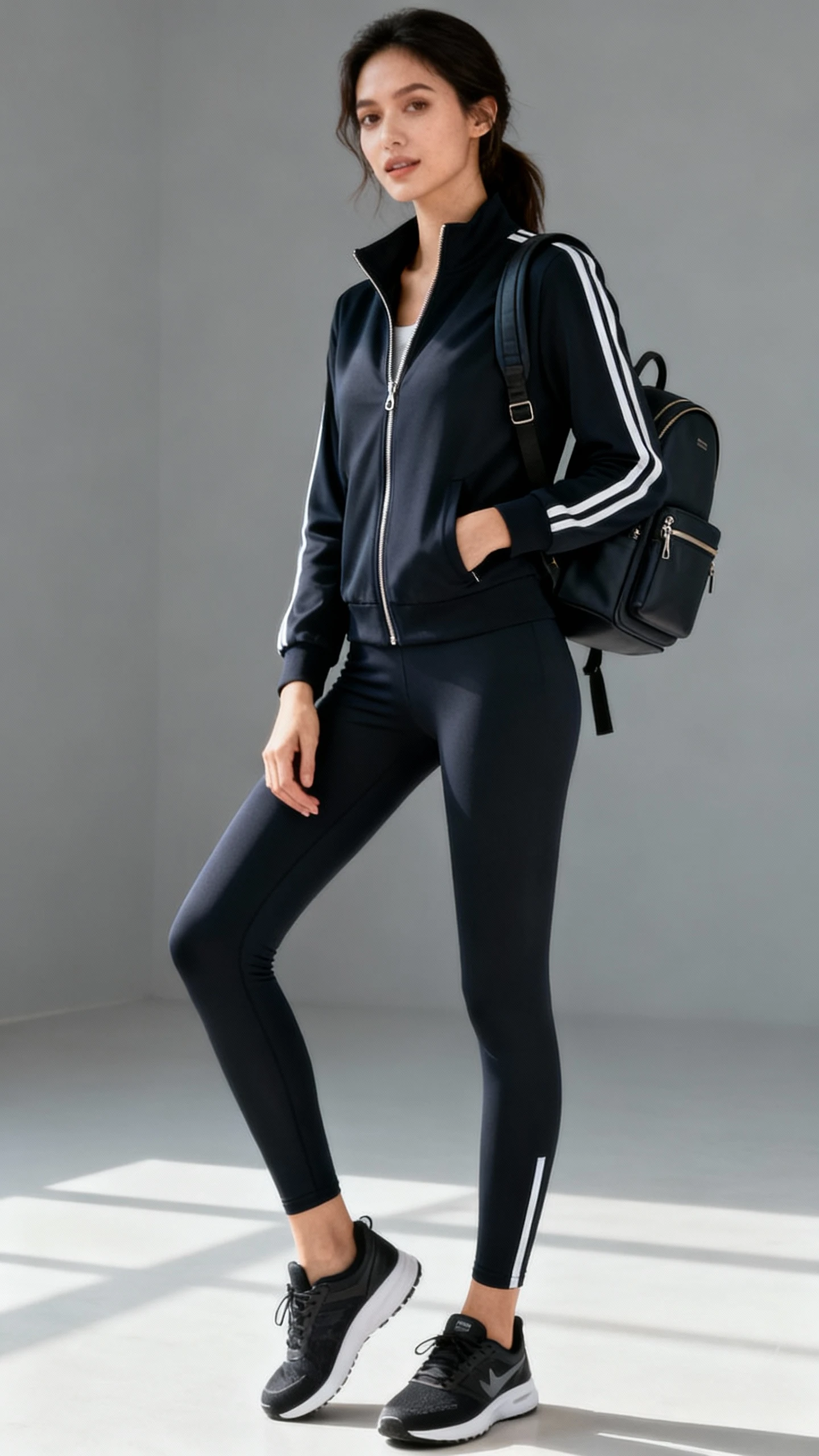 Clean studio image of a woman in a monochrome athleisure set (matching leggings and zip-up track jacket) with sleek sneakers and a compact backpack, gray background, soft studio lighting, natural confident pose, clean composition.