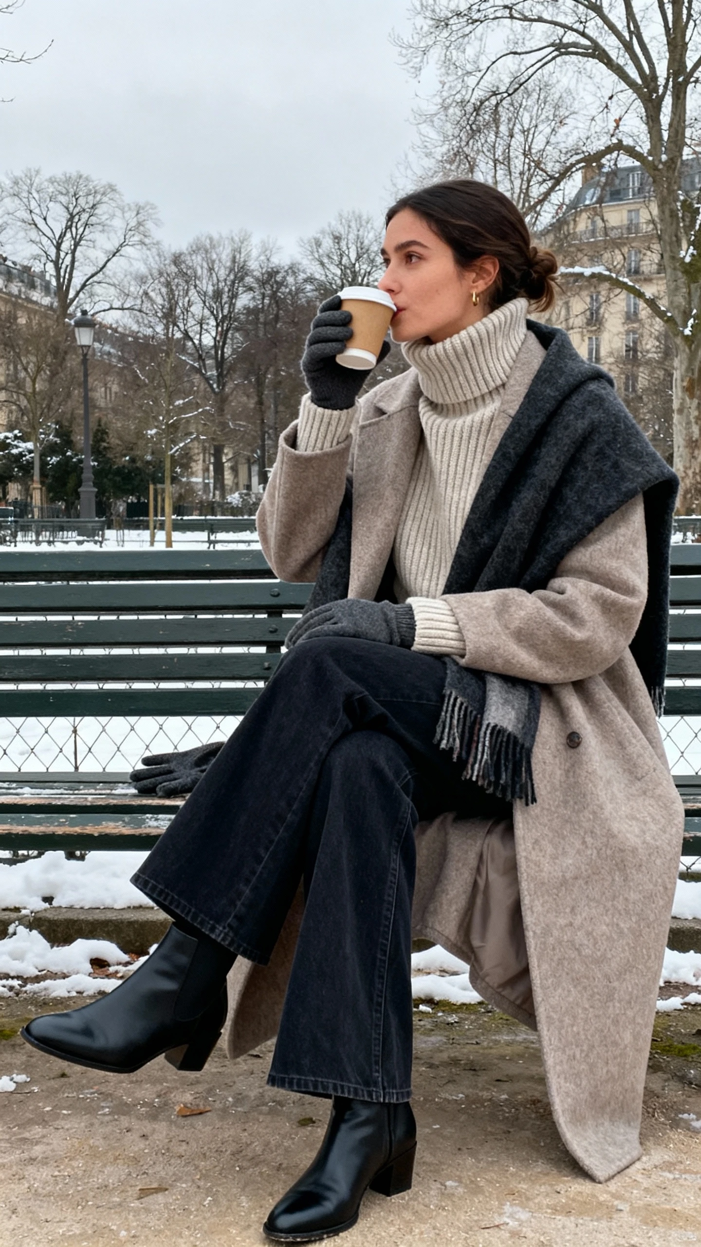 Cozy candid of a woman wearing a chunky ribbed turtleneck, long wool coat layered over, dark flares, and ankle boots, sipping coffee on a park bench with a scarf and gloves, face looking away, overcast winter light, iPhone photo quality.