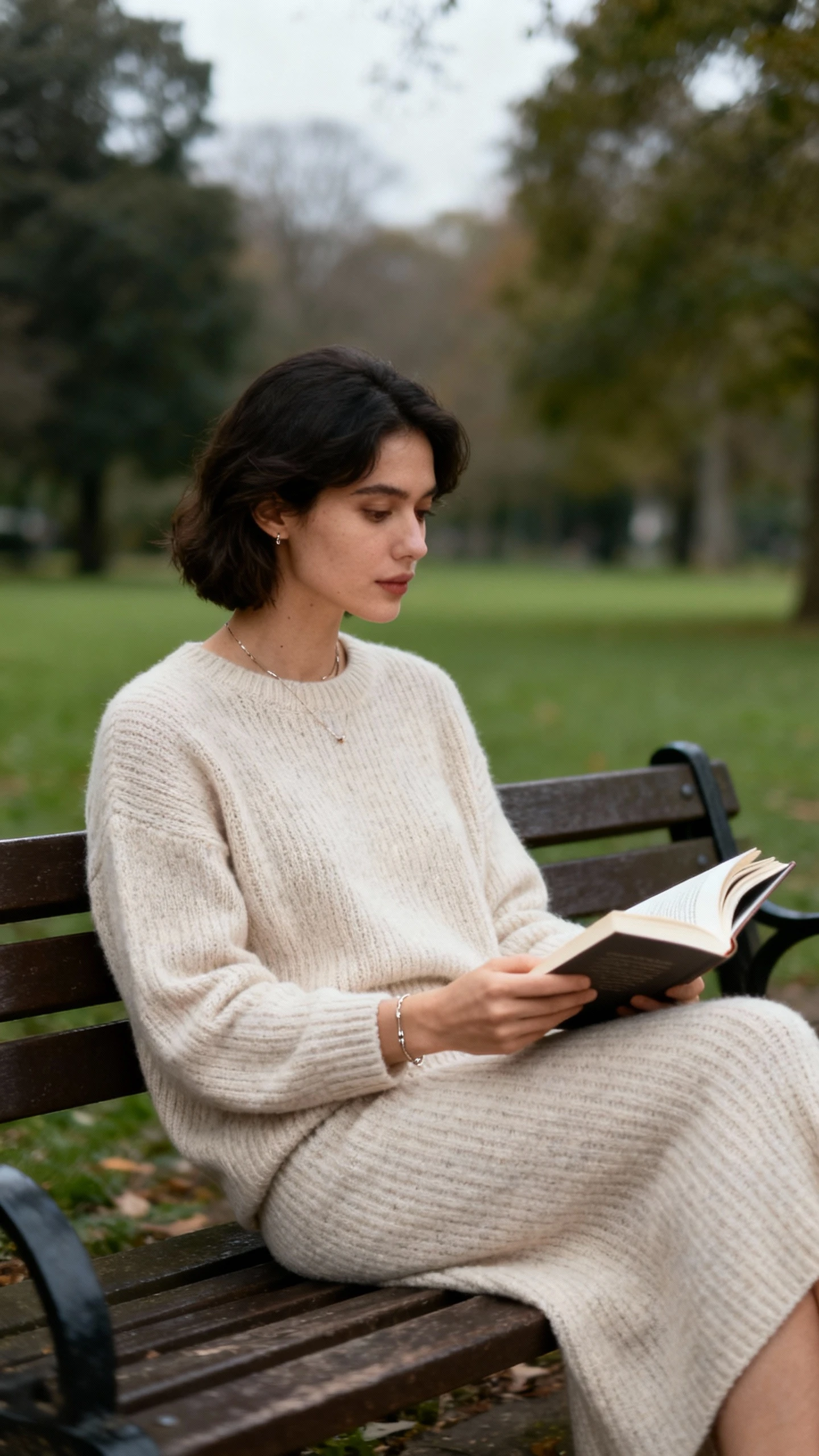Cozy candid of a woman wearing a luxe knit set (fine-knit sweater and matching knit skirt) with minimal jewelry, reading at a park bench, face looking away, soft overcast daylight, iPhone photo quality, unstaged.