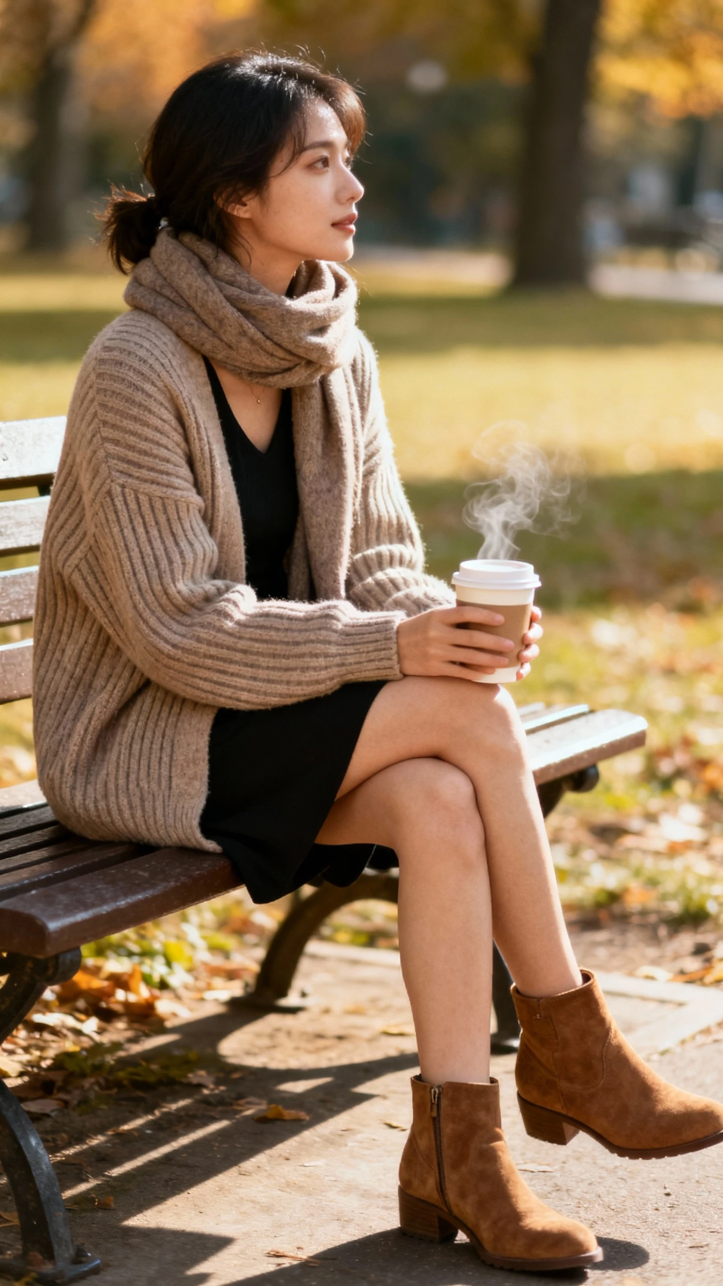 Cozy candid photo of a woman wearing a little black dress under an oversized ribbed knit sweater, wool scarf and suede ankle boots, sitting on a park bench with a takeaway coffee, face looking away, soft autumn daylight, casual iPhone aesthetic.