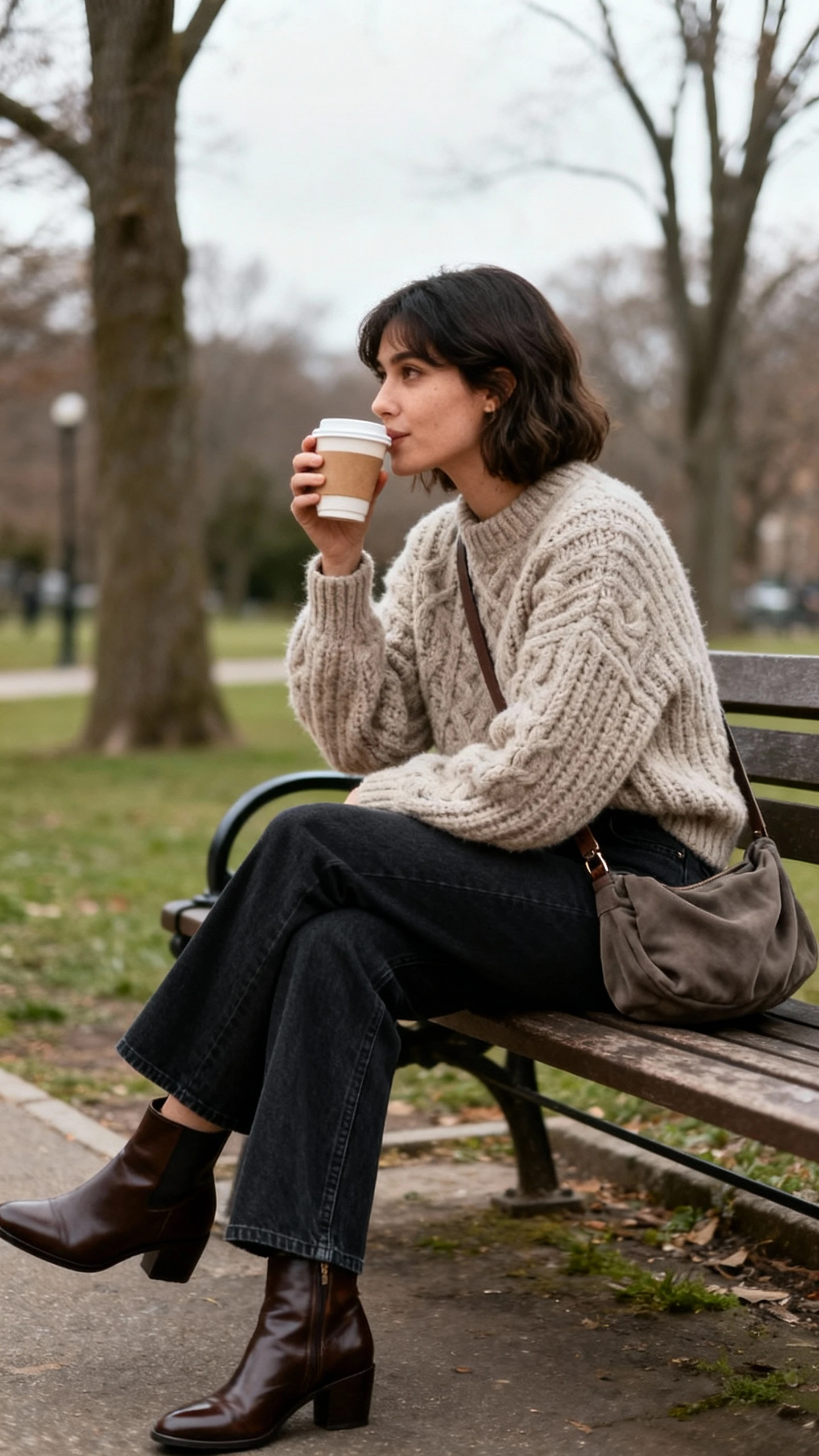 Cozy candid photo of a woman wearing heathered oatmeal chunky knit sweater with dark bootcut jeans, sleek leather ankle boots, and a slouchy crossbody, sipping coffee on a park bench, face looking away, soft overcast daylight, iPhone photo quality.