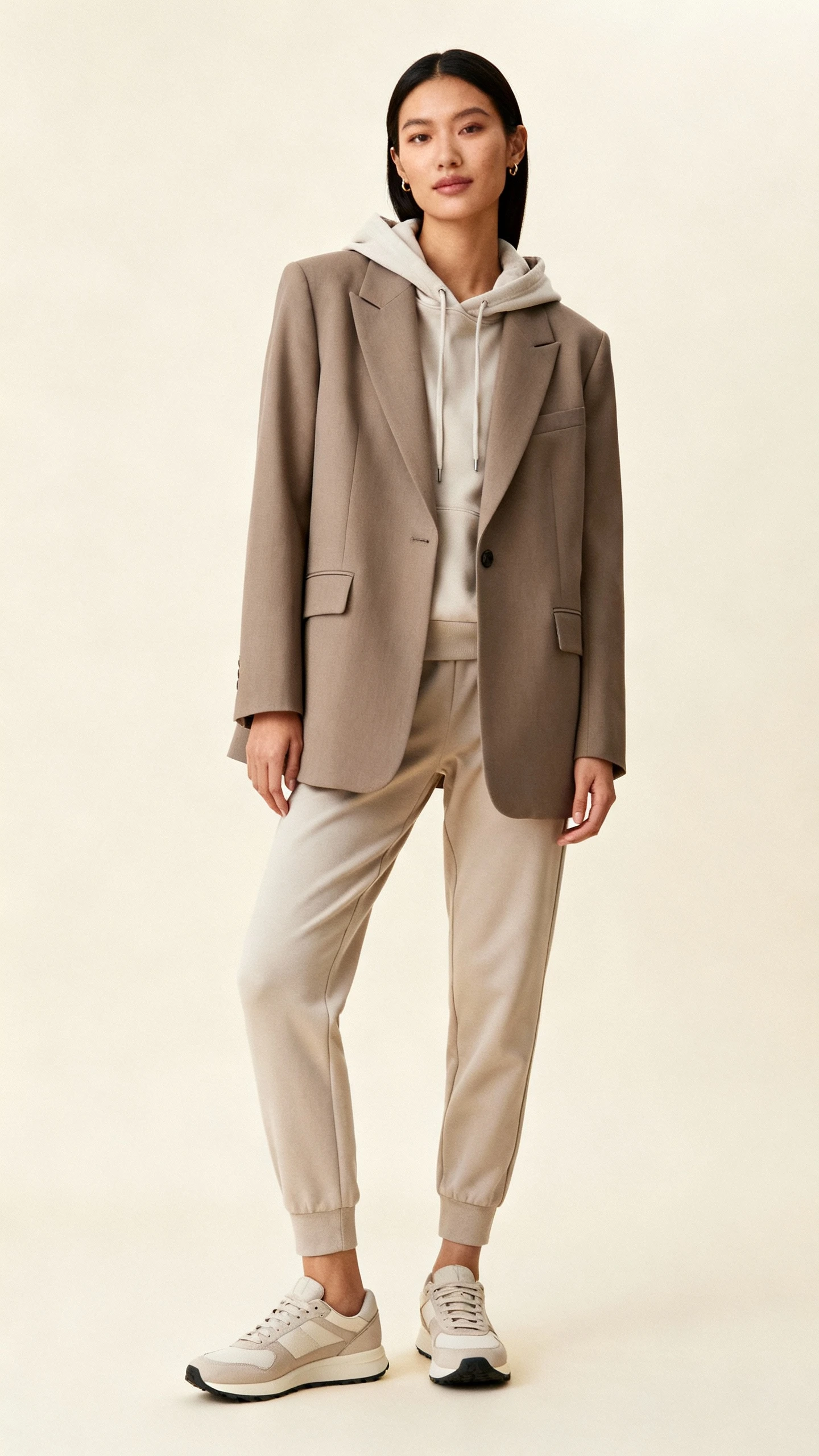 Editorial studio image of a woman in elevated athleisure: tailored oversized blazer layered over a hoodie, tapered joggers and streamlined sneakers, cream background, soft studio lighting, relaxed stance, clean minimal composition.