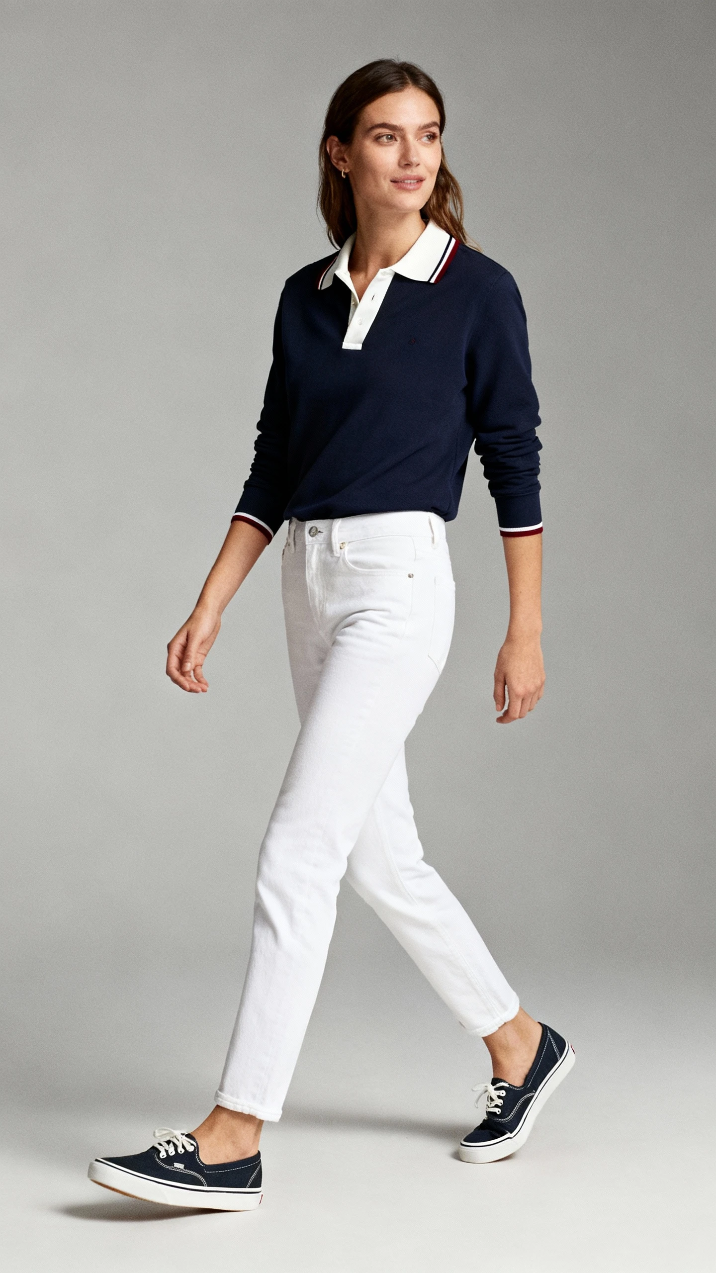 Editorial style photo of a woman in a rugby shirt with contrast collar, white jeans, and classic boat shoes, gray background, soft studio lighting, casual stance with slight movement, clean composition, fashion photography style.