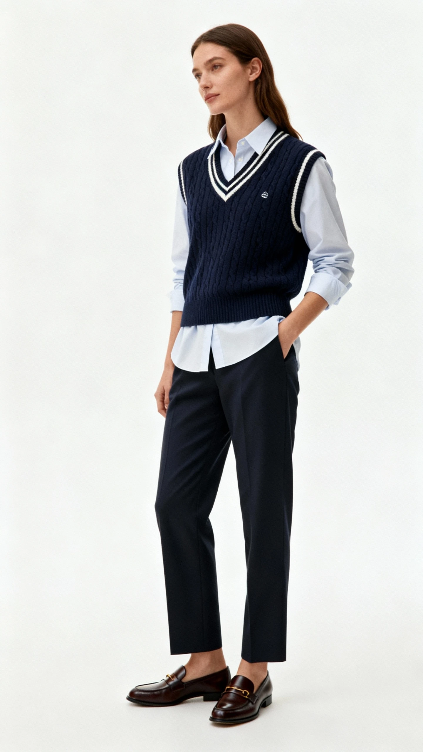 Editorial style photo of a woman in a tennis-core sweater vest layered over a crisp oxford shirt, tailored trousers, and loafers, white background, soft studio lighting, slight three-quarter angle, clean composition, magazine-quality.
