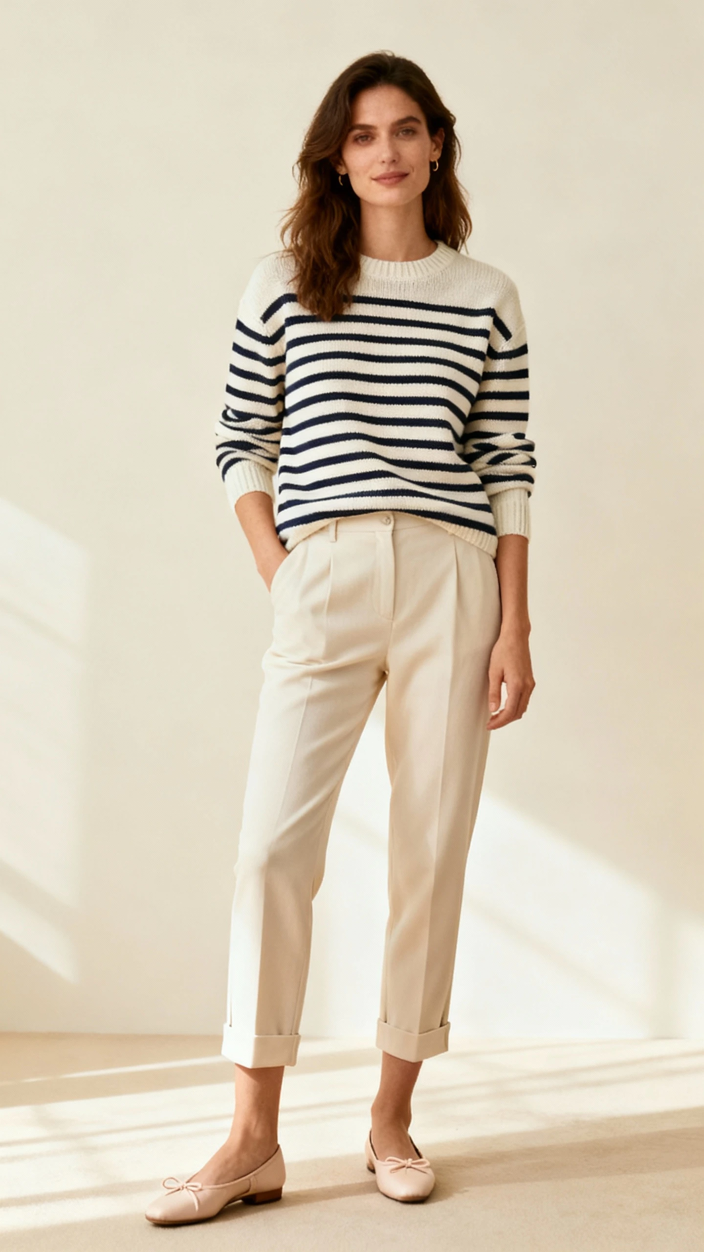 Editorial style photo of a woman wearing a Breton stripe knit with cropped cigarette pants and ballet flats, cream background, soft studio lighting, relaxed Parisian vibe, clean composition.