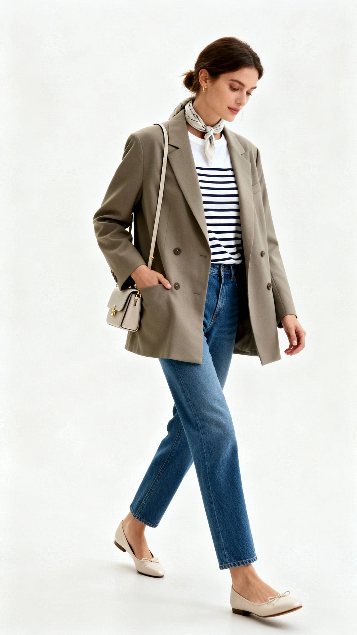 Editorial style photo of a woman wearing an oversized blazer over a classic Breton striped tee with straight-leg blue denim and ballet flats, subtle scarf and mini shoulder bag, white background, soft lighting, slight walking angle, clean and polished composition.