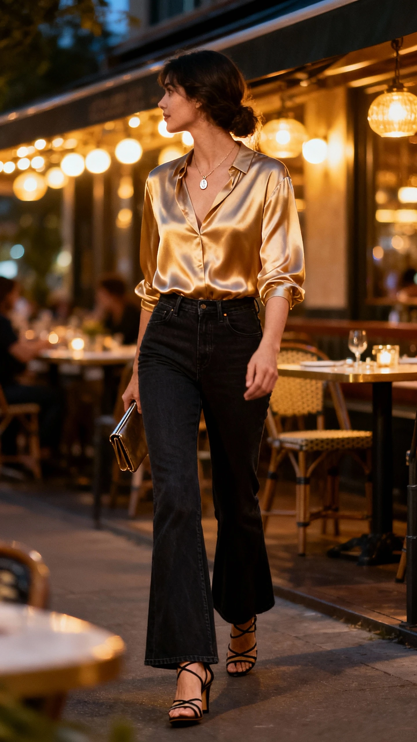 Evening candid of a woman in inky bootcut jeans, a silky champagne blouse with a slight sheen, strappy heels, delicate pendant necklace, and a clutch, walking past restaurant patio lights, face looking away, warm ambient night light, iPhone photo quality.