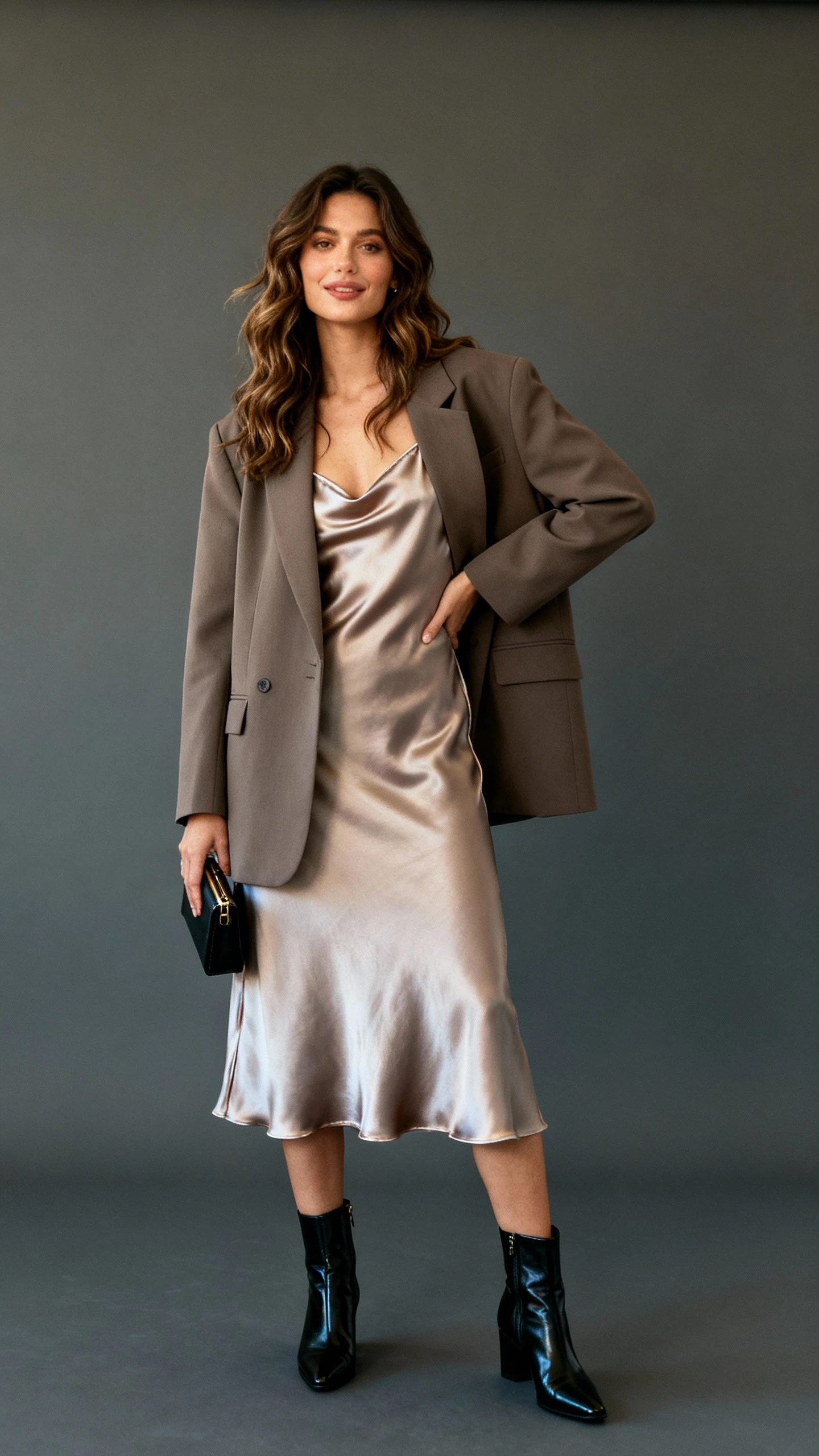 Fashion photo of a woman wearing a satin slip dress under an oversized blazer with sleek ankle boots and a small clutch, hair loosely waved, charcoal gray background, soft studio lighting, evening-ready vibe, clean composition.