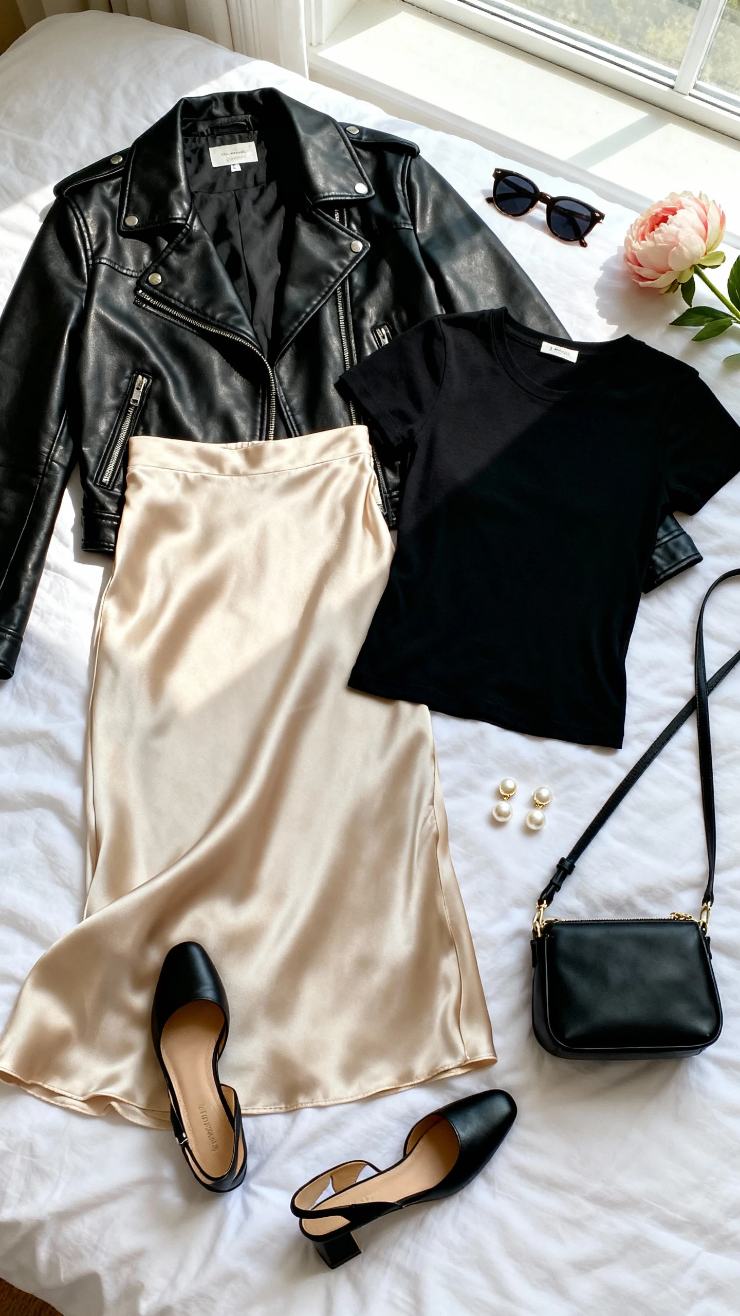 Flat lay overhead of a classic black leather jacket, champagne slip skirt, black fitted tee, black slingback heels, petite black shoulder bag, and pearl stud earrings; arranged on a white bed with a single peony and sunglasses, bright natural window light, no person visible, organized composition, iPhone photo aesthetic.
