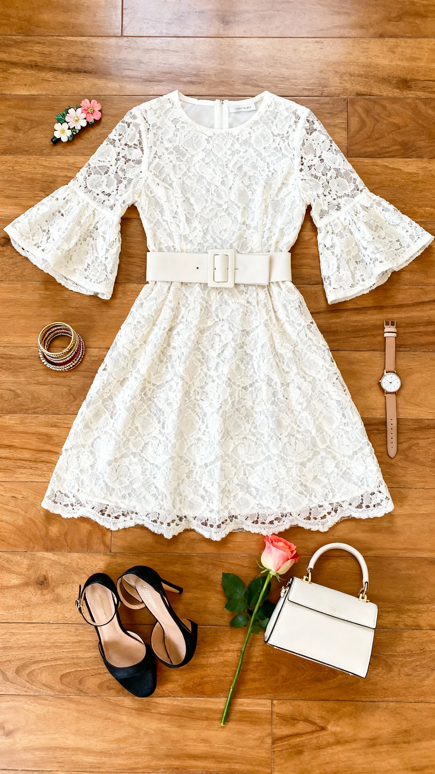 Flat lay overhead of a flared-sleeve A-line lace dress with a structured obi belt, slingback heels, floral hair clip, layered bangles, and a small top-handle bag on a wooden floor; add a single rose and a watch, bright natural light, no person visible, organized composition, iPhone photo aesthetic.
