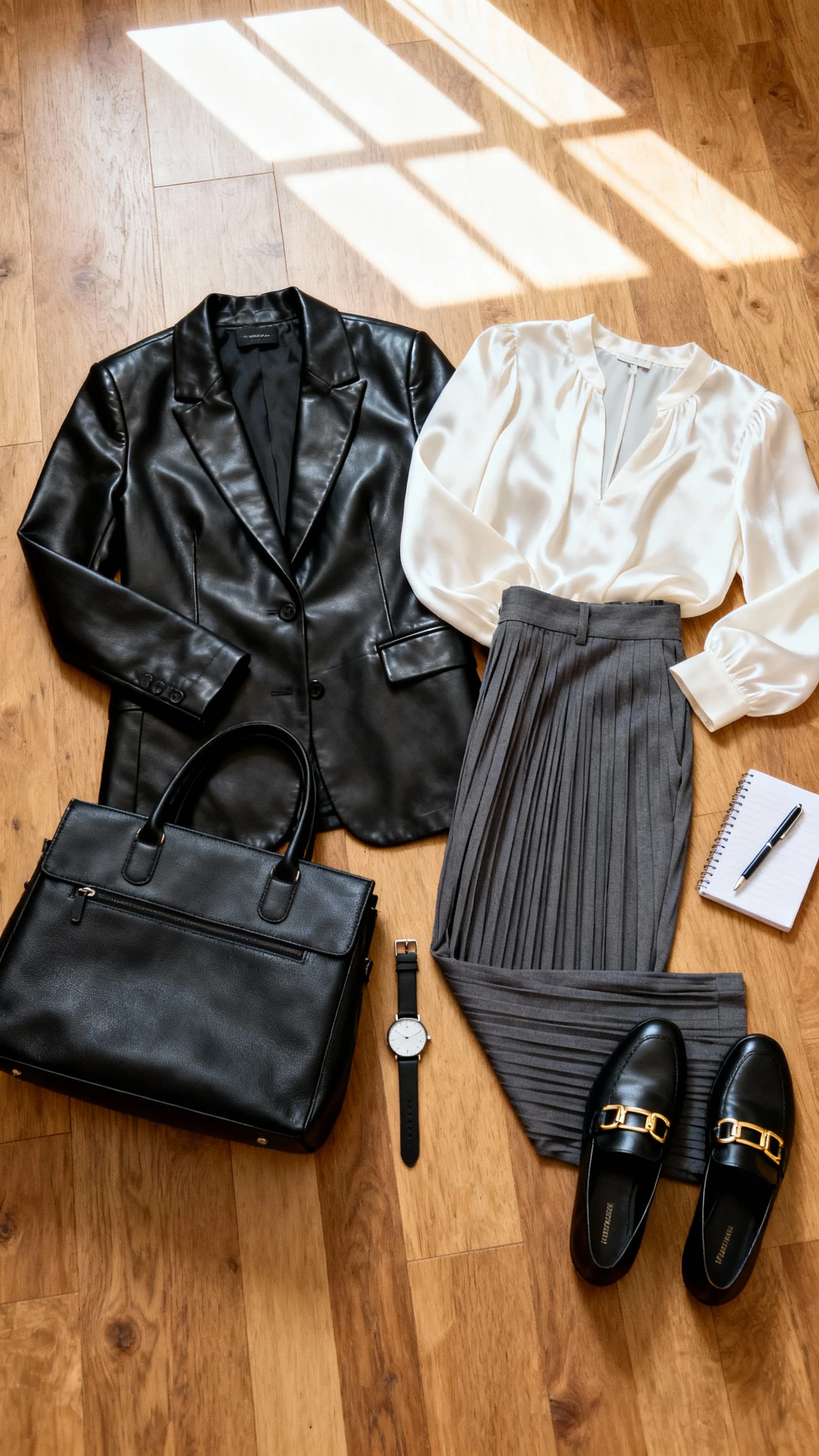 Flat lay overhead of a tailored black leather blazer, ivory silk blouse, charcoal pleated trousers, black loafers with gold hardware, structured black work tote, and a minimalist watch; arranged on a wooden floor with a pen and small notebook, bright natural window light, no person visible, organized composition, iPhone photo aesthetic.