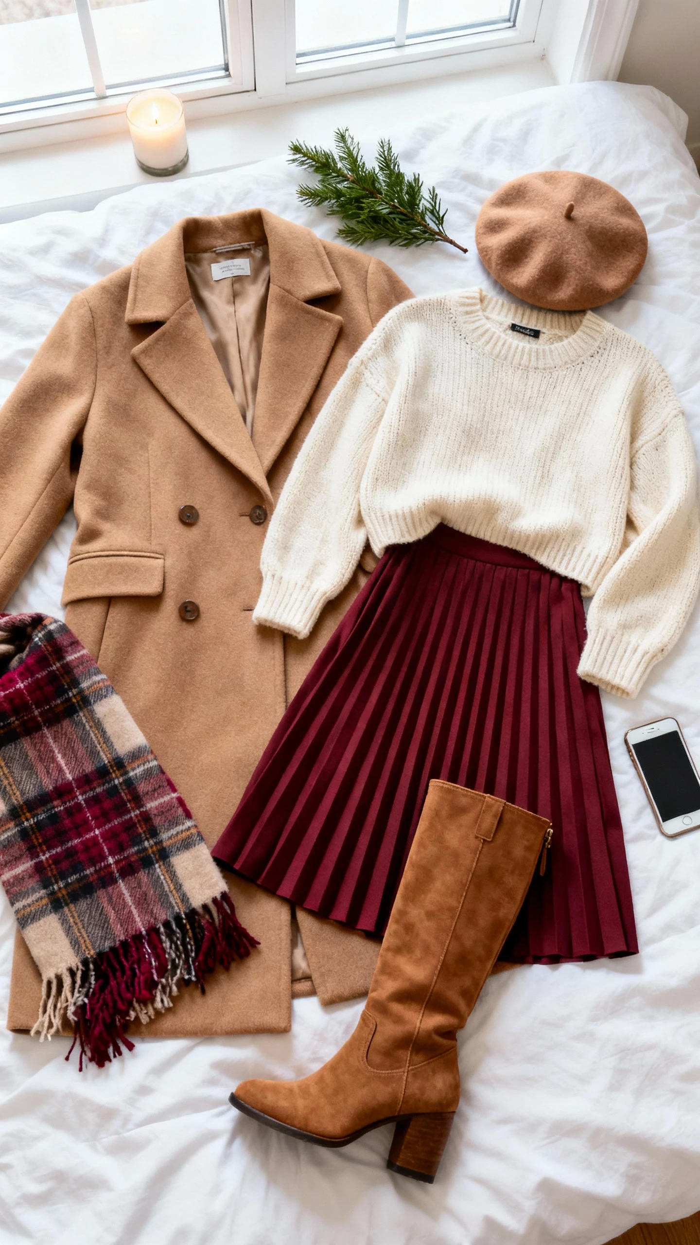Flat lay overhead of camel coat, cream fisherman sweater, cranberry pleated skirt, tan knee-high boots, camel beret, and plaid scarf with cranberry accents on white bedspread; candle and sprig of greenery as props, bright natural window light, no person visible, organized composition, iPhone photo aesthetic.