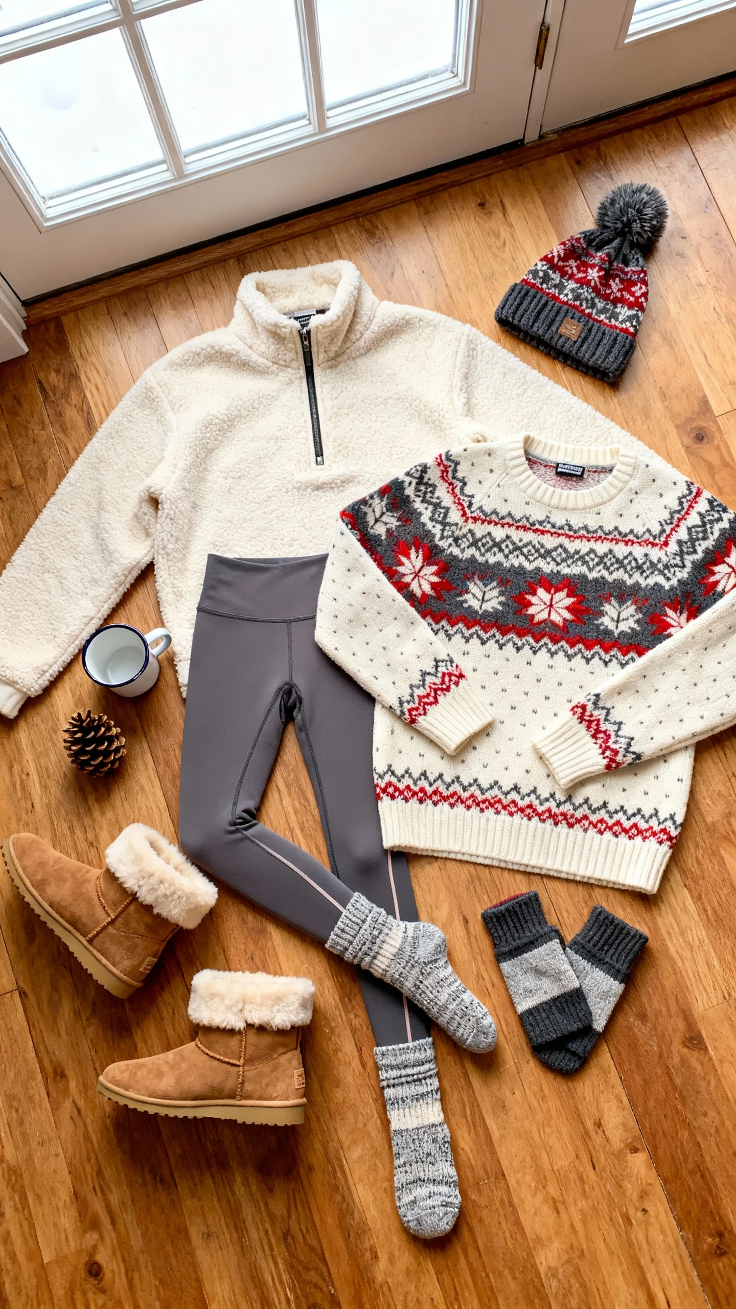 Flat lay overhead of cream fleece half-zip, Fair Isle sweater in cream/charcoal/red, thermal leggings, wool socks, shearling-lined boots, knit pom beanie, and fingerless gloves on wooden floor; enamel mug and mini pinecone as props, bright natural window light, no person visible, clean organized composition, iPhone photo aesthetic.