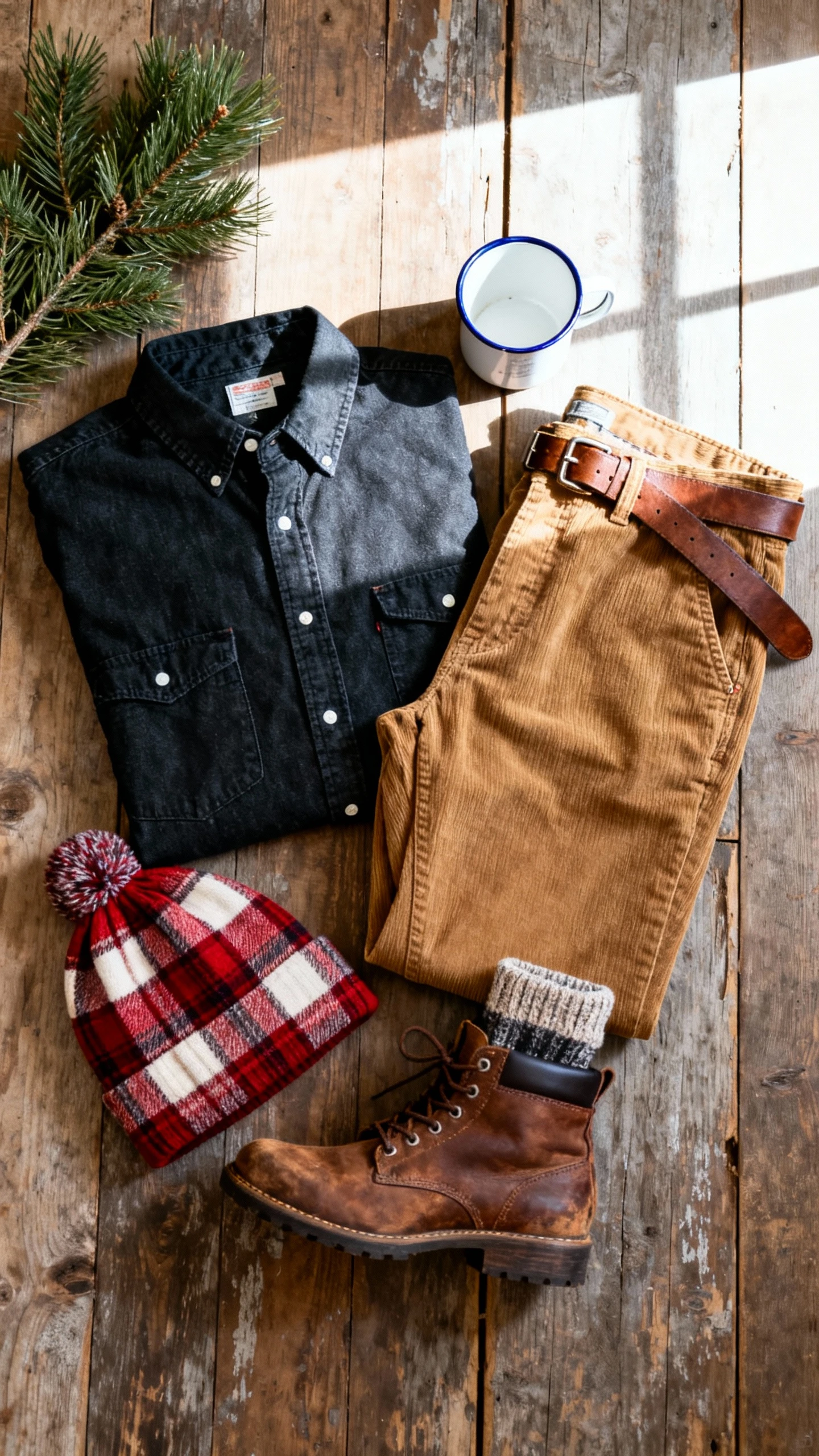 Flat lay overhead of dark denim shirt, tan corduroy pants, red-and-cream flannel, brown leather belt, rugged brown boots, wool socks, and knit beanie on rustic wooden floor; enamel mug and pine branch as props, bright natural window light, no person visible, organized composition, iPhone photo aesthetic.
