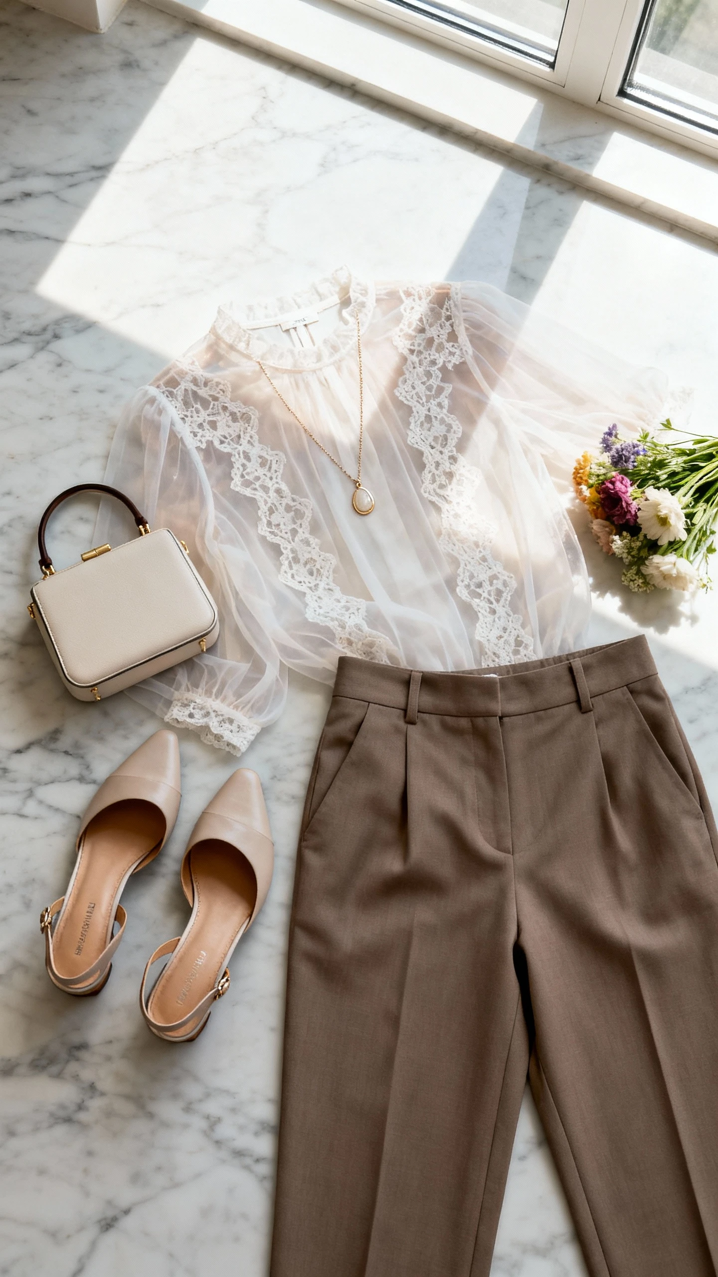 Flat lay overhead of romantic sheer blouse with lace details, high-waist tailored trousers, slingback heels, delicate pendant necklace, and compact top-handle bag on marble surface; include a small bouquet of flowers prop, bright natural window light, no person visible, organized composition, iPhone photo aesthetic.