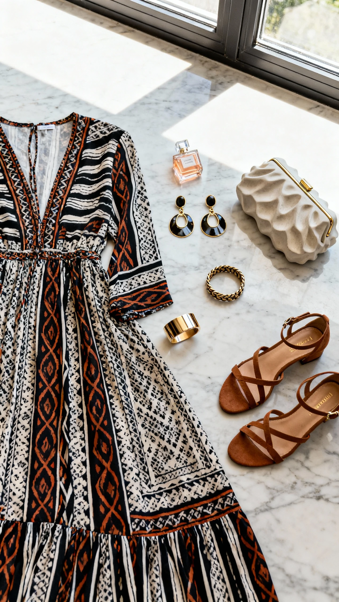 Flat lay overhead of statement maxi dress with bold print, strappy heels, oversized earrings, cuff bracelet, and a sculptural clutch on marble surface; include a perfume bottle prop, bright natural window light, no person visible, organized composition, iPhone photo aesthetic.