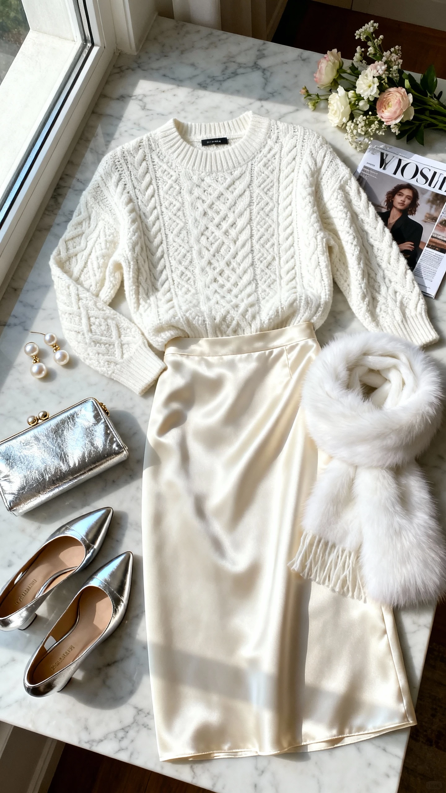 Flat lay overhead of winter white cable sweater, ivory satin midi skirt, metallic silver heels, silver clutch, pearl earrings, and white faux-fur scarf on marble countertop; delicate flowers and magazine as props, bright natural window light, no person visible, clean organized composition, iPhone photo aesthetic.