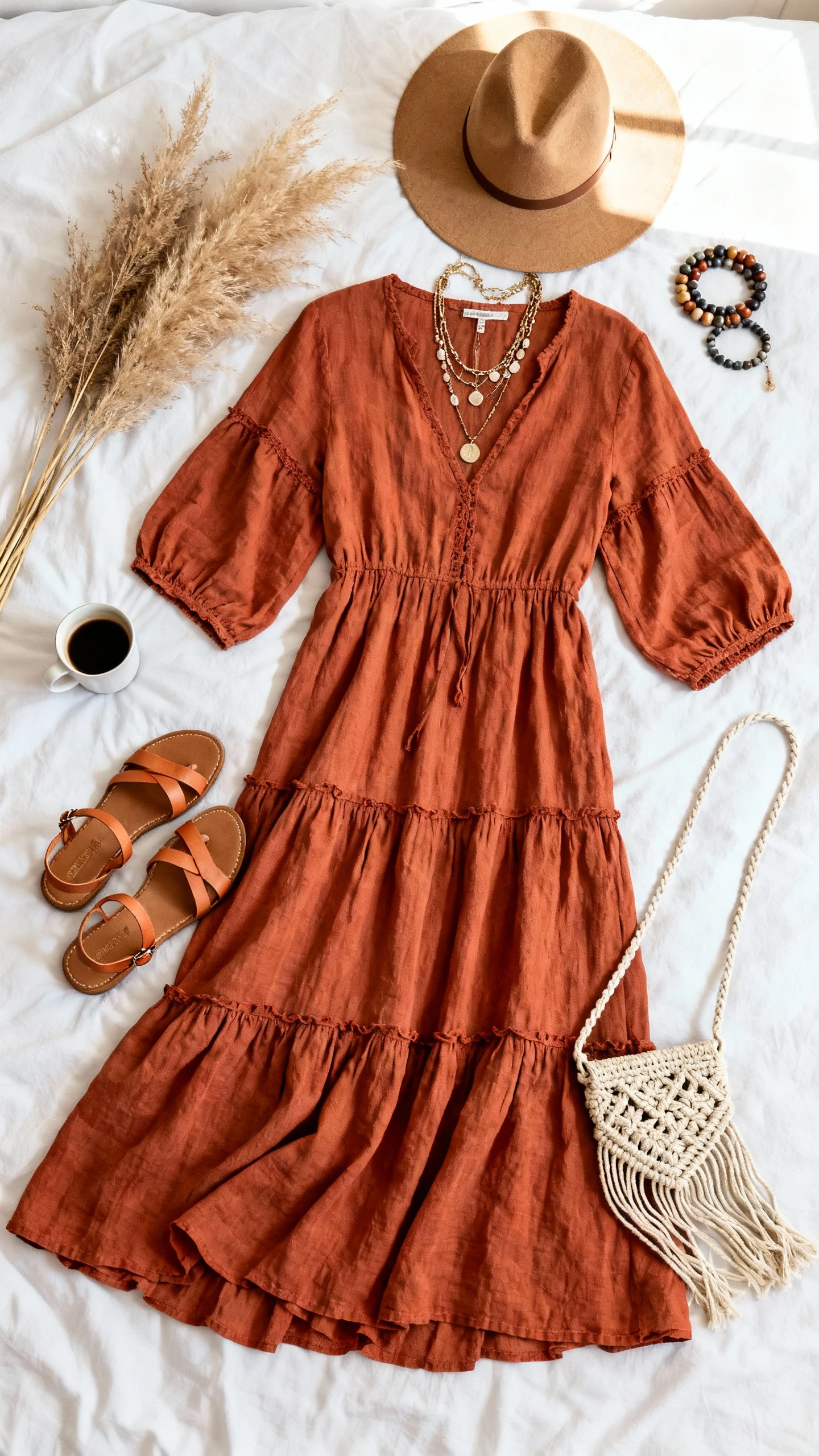 Flat lay overhead view of a boho-tiered linen maxi dress in terracotta with strappy flat sandals, wide-brim hat, layered necklaces, beaded bracelet stack, and a macramé crossbody, placed on a white bedspread with dried pampas and a small coffee cup, bright natural light, no person visible, organized composition, iPhone photo aesthetic.