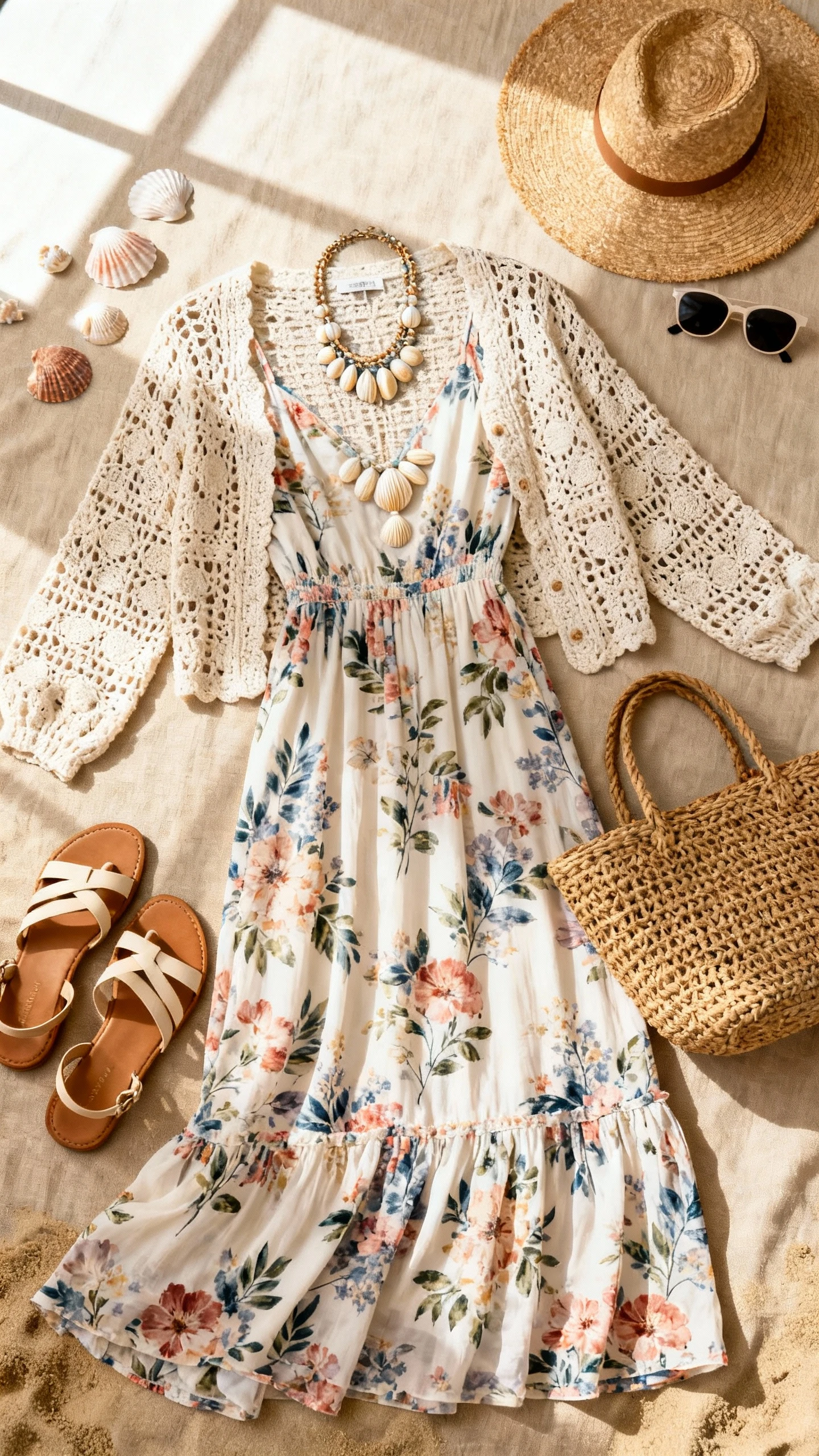 Flat lay overhead view of a breezy floral maxi dress with a crochet cardigan, strappy flat sandals, woven straw tote, layered shell necklace, and wide-brim straw hat, arranged on a sand-toned linen surface with seashells and sunglasses as props, bright natural window light, no person visible, organized composition, iPhone photo aesthetic.