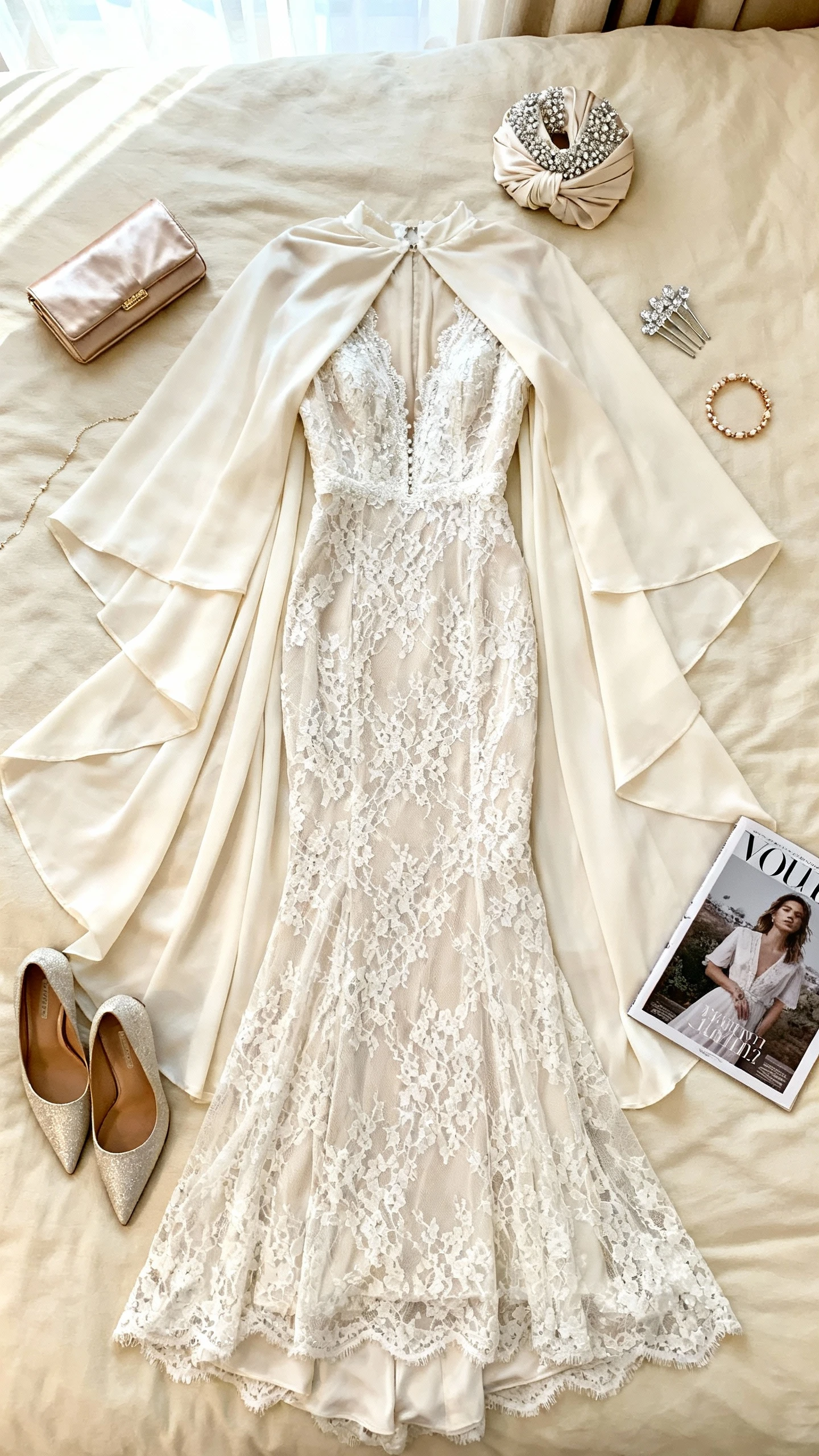 Flat lay overhead view of a cape-back lace gown with flowing detachable cape, embellished headwrap, pointed-toe pumps, crystal hairpins, and a satin clutch on a cream bedspread; add a delicate bracelet and a magazine, bright natural light, no person visible, organized composition, iPhone photo aesthetic.