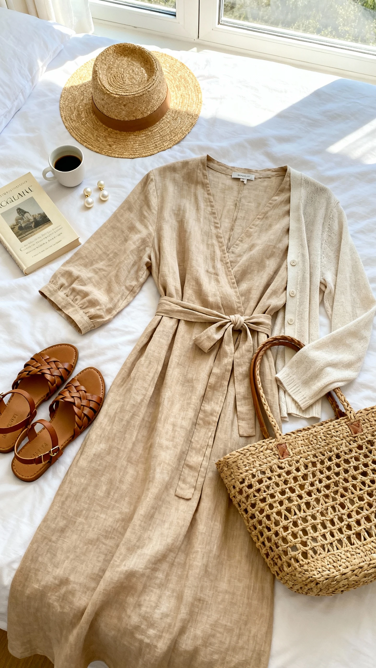 Flat lay overhead view of a coastal-grandma linen wrap dress in soft sand with braided leather sandals, straw sun hat, pearl stud earrings, woven market tote, and lightweight cardigan, arranged on a white bedspread with a paperback and a small coffee cup as props, bright natural window light, no person visible, organized composition, iPhone photo aesthetic.
