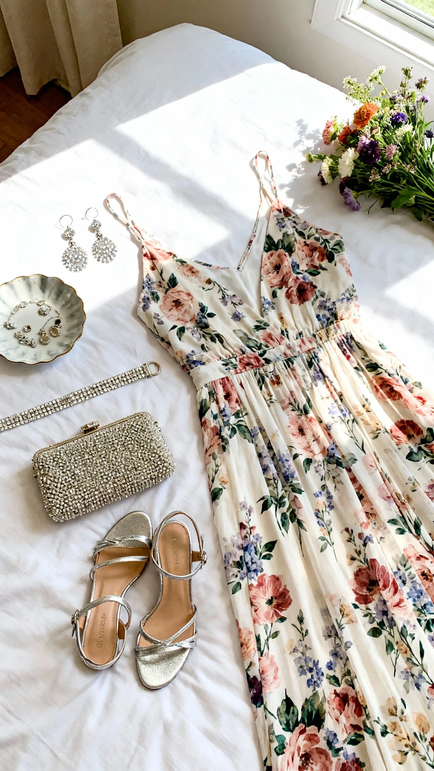 Flat lay overhead view of a floral maxi dress with delicate sparkle-embellished earrings, strappy metallic heels, a beaded clutch, and a thin crystal belt, arranged on a white bedspread with a small bouquet of garden flowers and a jewelry dish as props, bright natural window light, no person visible, organized composition, iPhone photo aesthetic.