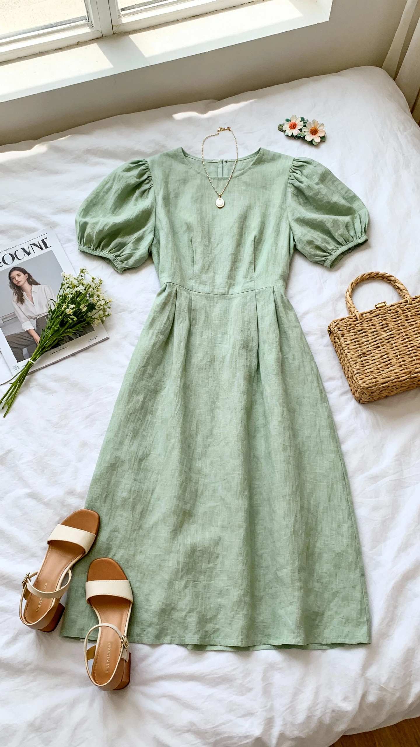 Flat lay overhead view of a garden-party puff-sleeve linen midi dress in pastel sage with block-heel sandals, delicate pendant necklace, floral hair clip, and a wicker clutch, styled on a white bed with a small bouquet and a fashion magazine, bright natural window light, no person visible, clean organized composition, iPhone photo aesthetic.