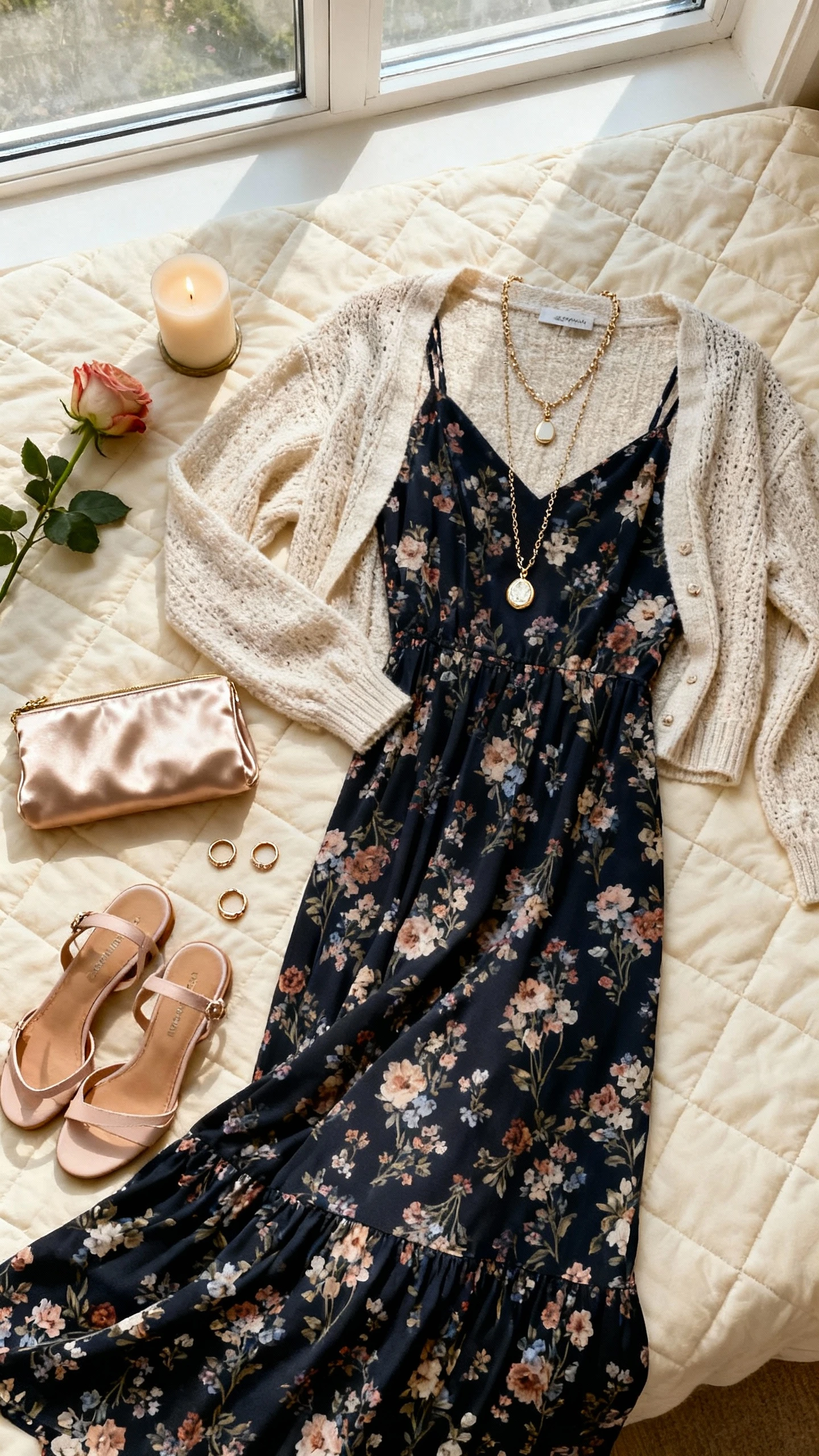 Flat lay overhead view of a moody floral maxi dress with a soft knit shrug, delicate heeled sandals, satin clutch, layered pendant necklace, and dainty rings, arranged on a cream quilt with a single candle and rose as props, bright natural window light, no person visible, organized composition, iPhone photo aesthetic.