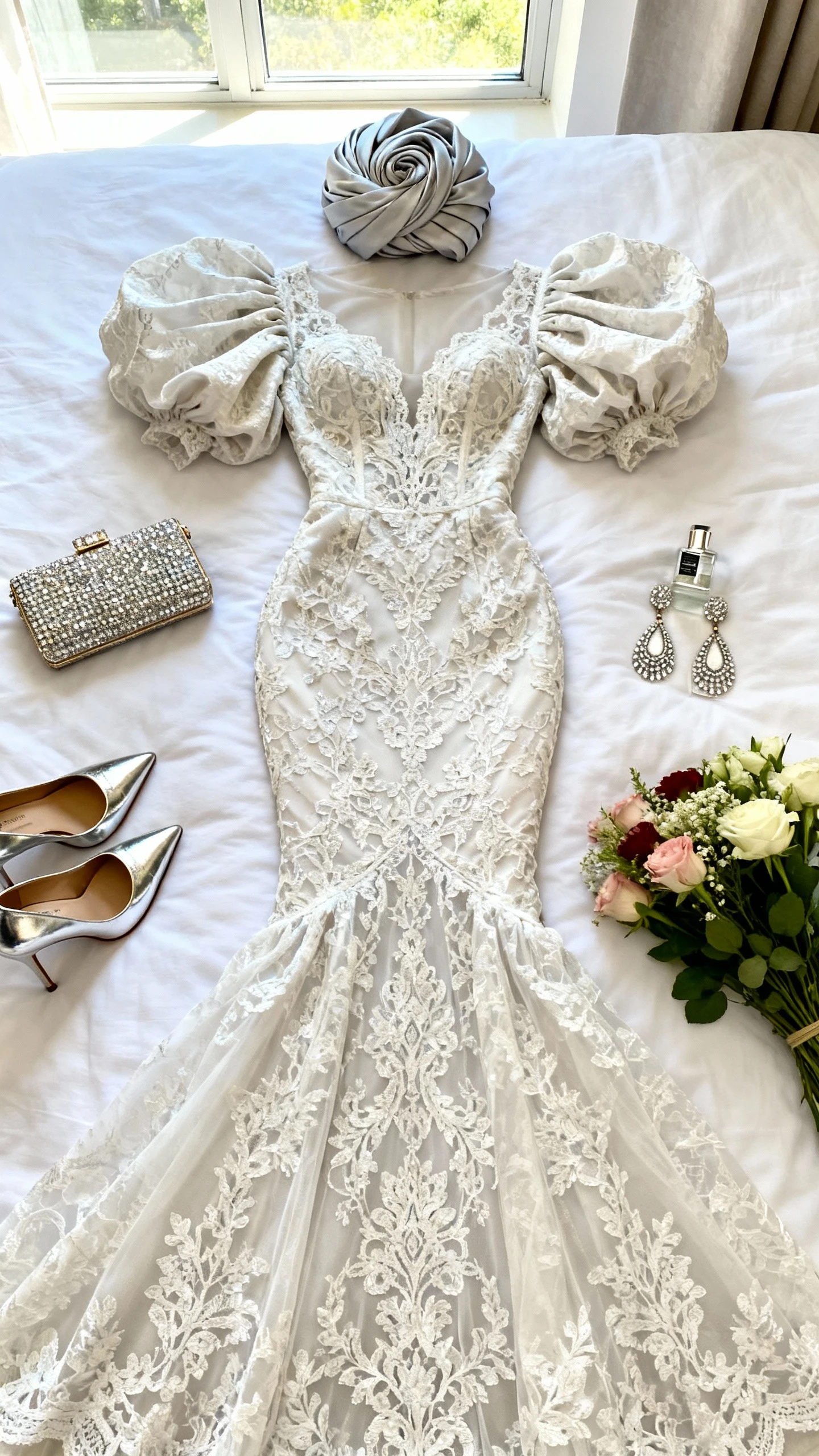 Flat lay overhead view of a regal lace mermaid gown with dramatic puff sleeves, matching gele headwrap, crystal clutch, metallic stilettos, and rhinestone drop earrings arranged on a white bedspread; add a perfume bottle and fresh flowers, bright natural window light, no person visible, organized composition, iPhone photo aesthetic.
