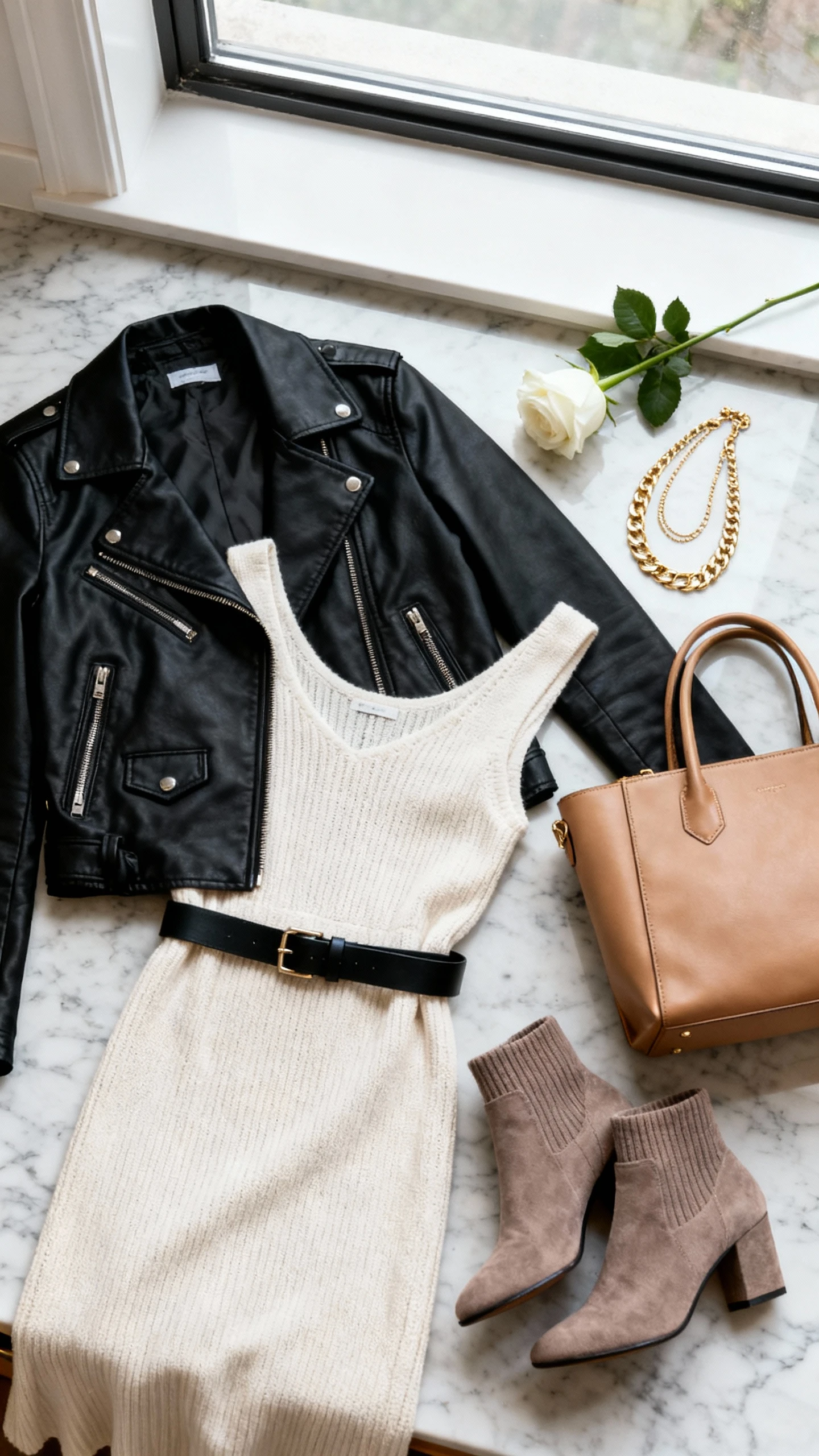 Flat lay overhead view of a supple black moto jacket paired with a cream knit midi dress, taupe ankle sock boots, slim black belt, structured tan tote, and gold layered necklace; arranged on a marble countertop with a single white rose, bright natural window light, no person visible, organized composition, iPhone photo aesthetic.
