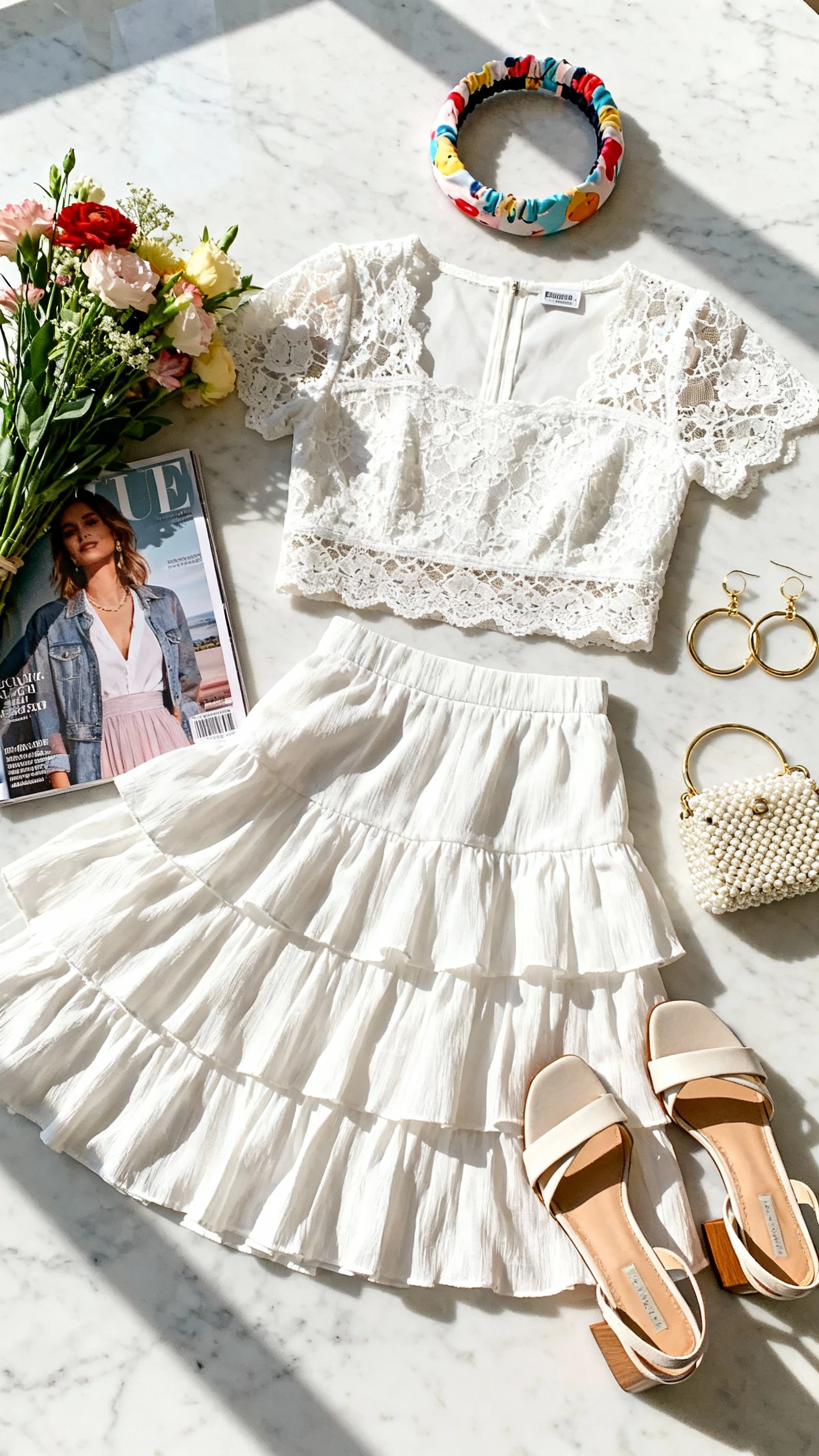 Flat lay overhead view of a tiered ruffle skirt set with a cropped lace top, playful headband, block-heel sandals, hoop earrings, and a beaded mini bag on a marble countertop; add a bouquet of flowers and a glossy magazine, bright natural light, no person visible, organized composition, iPhone photo aesthetic.