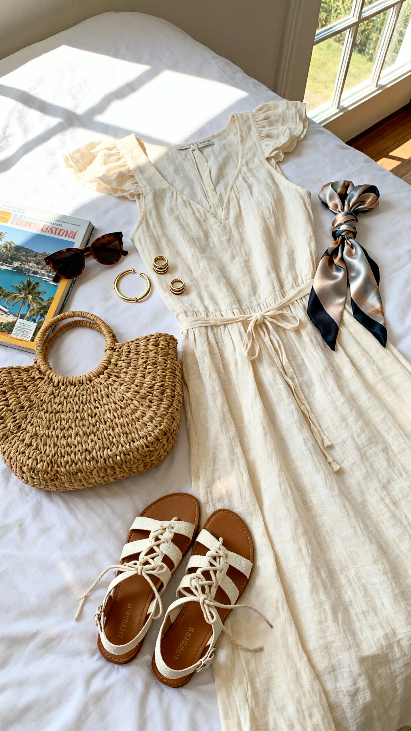 Flat lay overhead view of a vacation-ready cutout linen dress in cream with lace-up sandals, raffia clutch, oversized hoops, stackable rings, and a silk hair scarf, arranged on a white bed with sunlit sunglasses and a travel guidebook, bright natural window light, no person visible, clean organized composition, iPhone photo aesthetic.