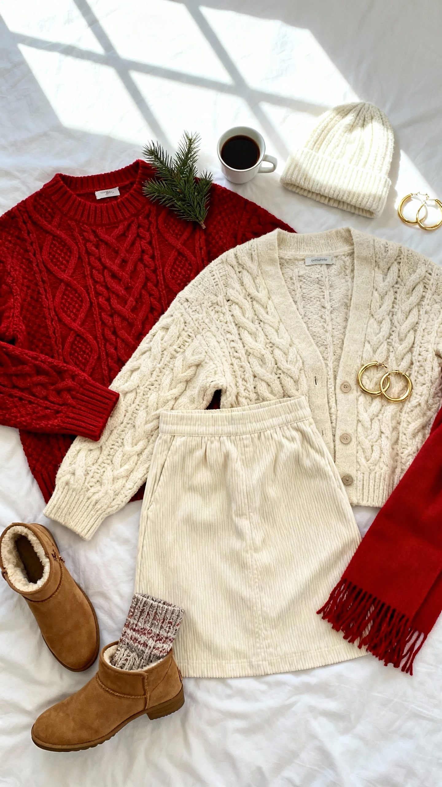 Flat lay overhead view of classic red cable-knit sweater, cream chunky cardigan, cream corduroy skirt, red scarf, cream knit beanie, textured wool socks, tan ankle boots, and gold hoop earrings arranged on white bedspread; small coffee cup and pine sprig as props, bright natural window light, no person visible, organized composition, iPhone photo aesthetic.
